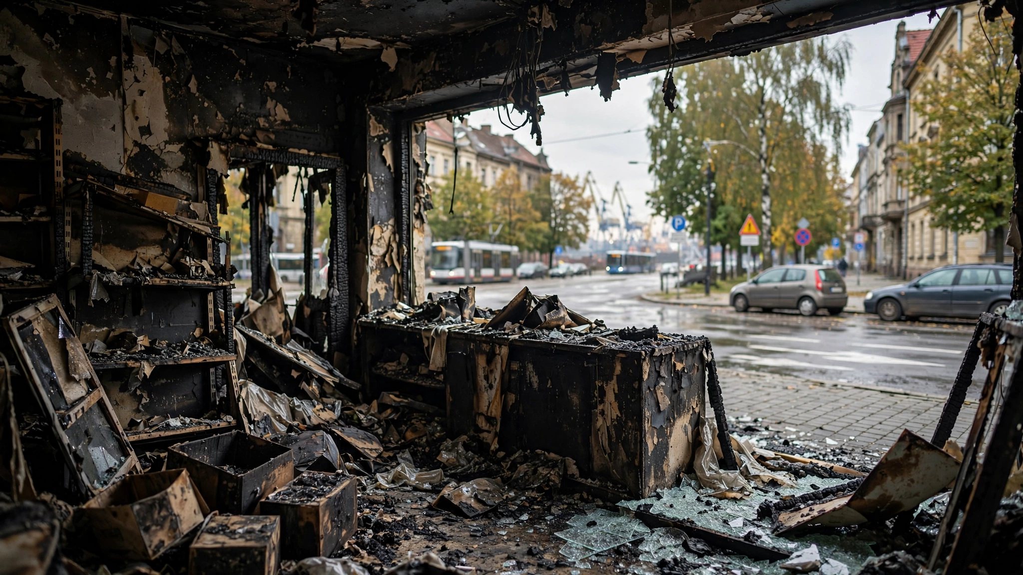 Spalone wnętrze sklepu po podpaleniu w Szczecinie
