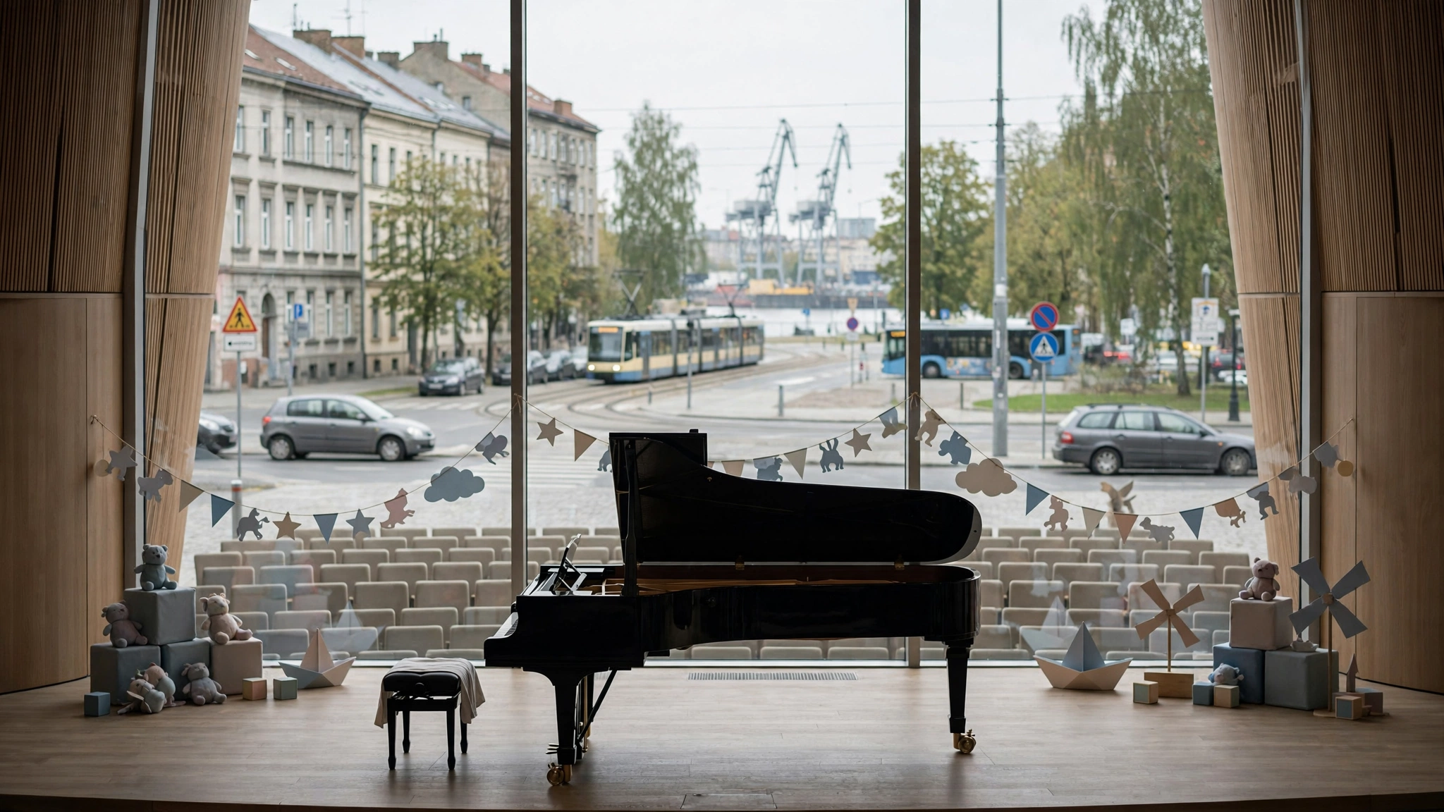 Fortepian na scenie Filharmonii Szczecin podczas spektaklu dla dzieci