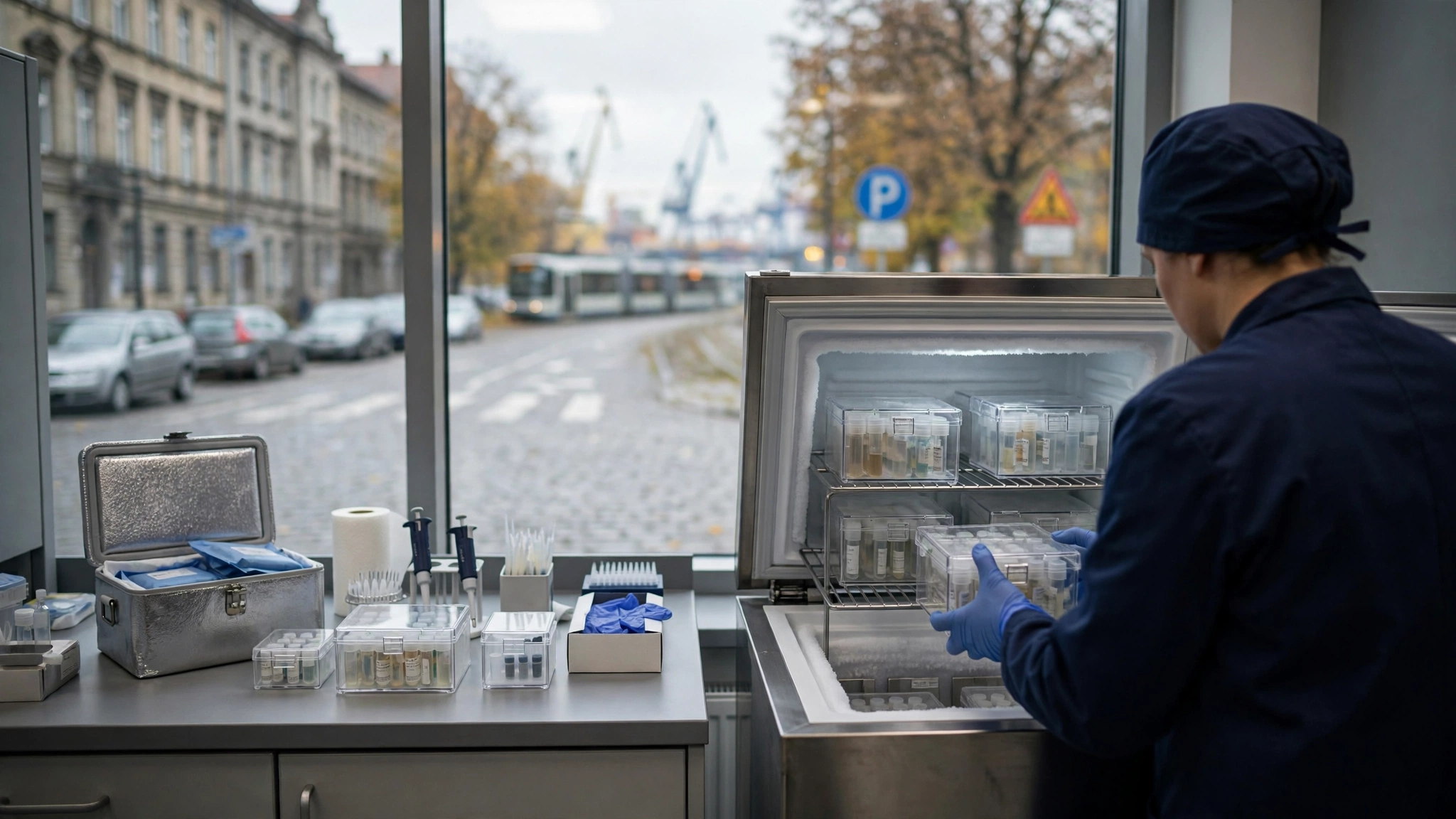 Pracownik laboratorium przechowujący próbki w biobanku Pomorskiego Uniwersytetu Medycznego w Szczecinie