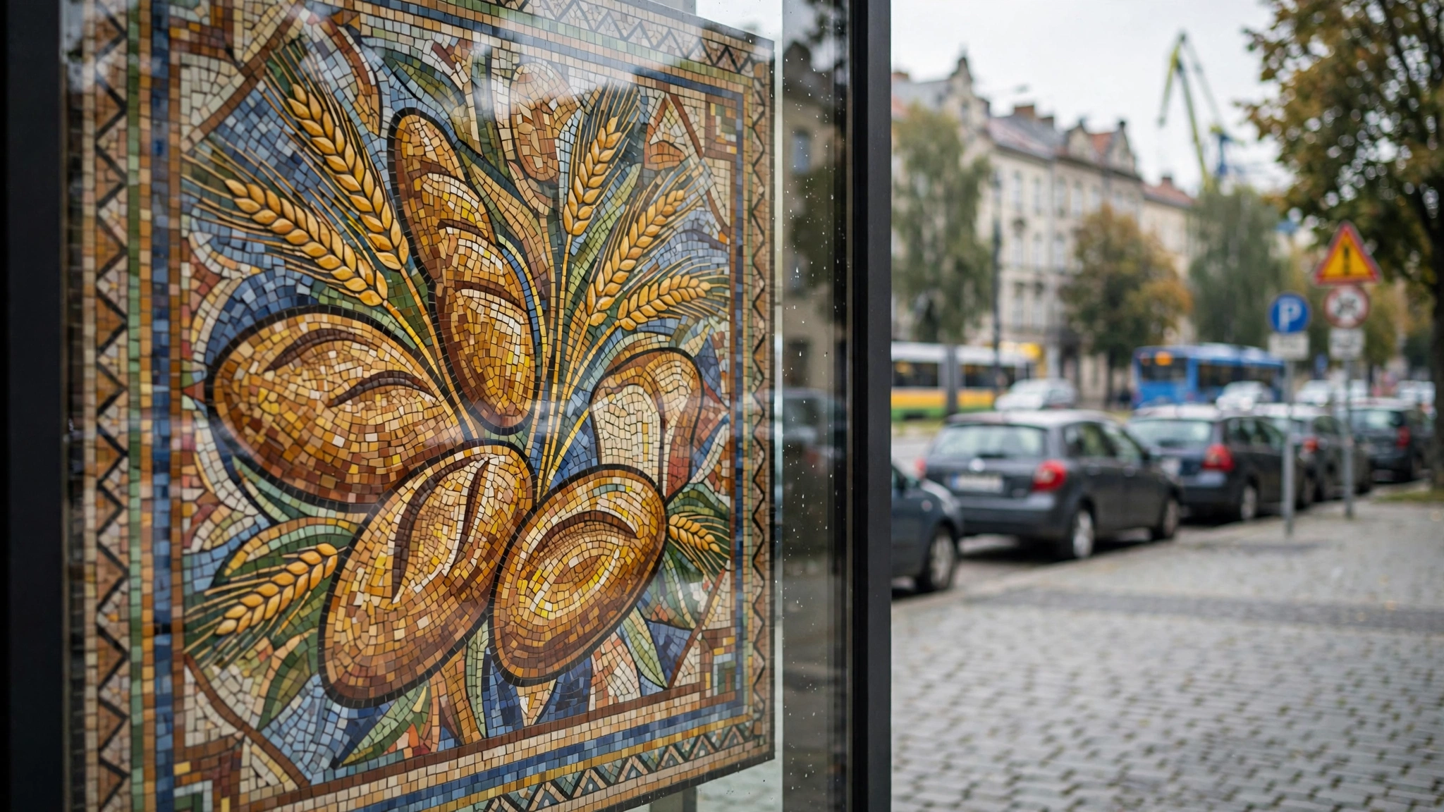 Kolorowa mozaika z motywem chleba oglądana przez witrynę sklepu w Szczecinie
