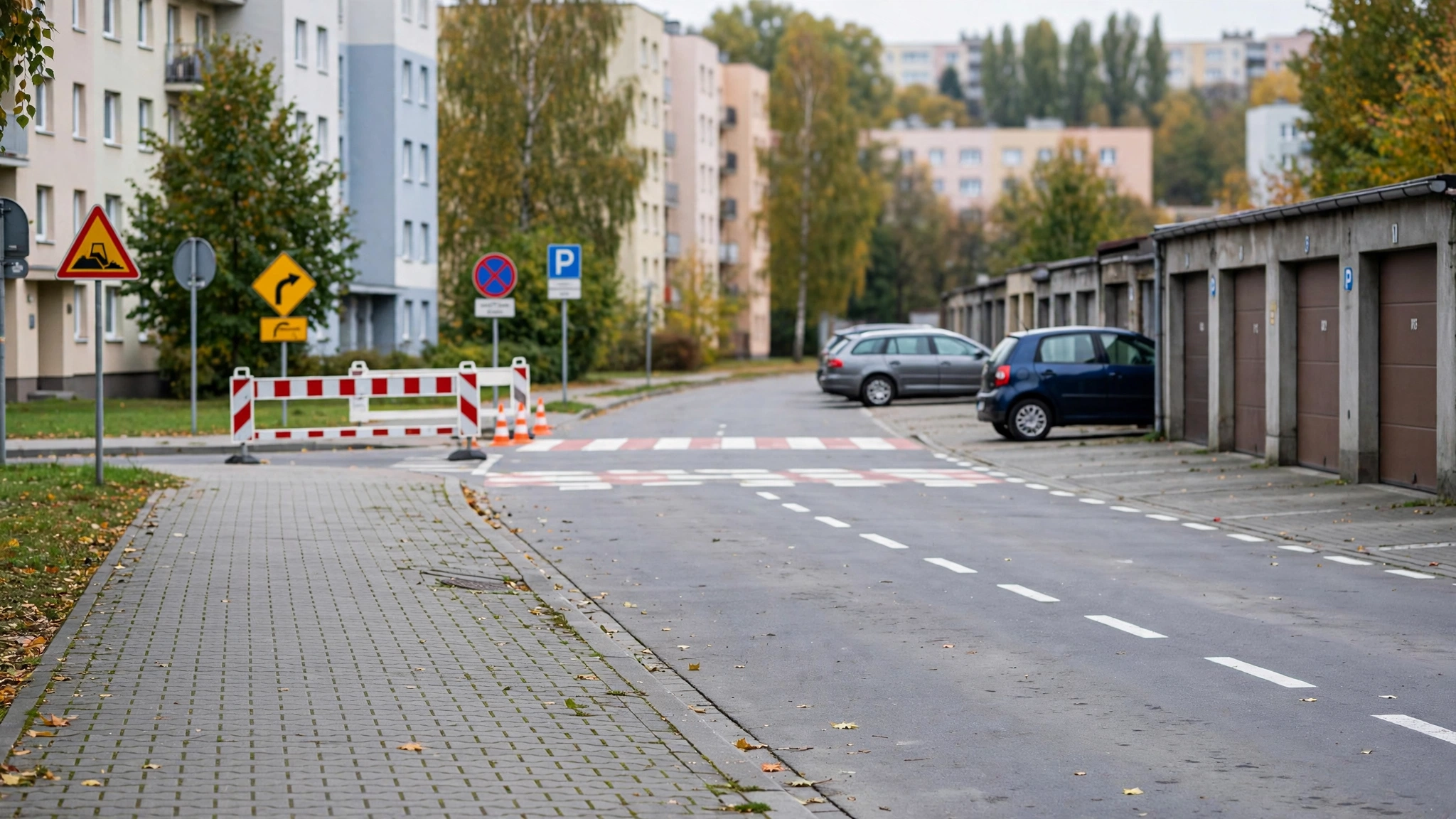 Fragment chodnika i drogi dojazdowej do garaży przy blokach na Warszewie w Szczecinie