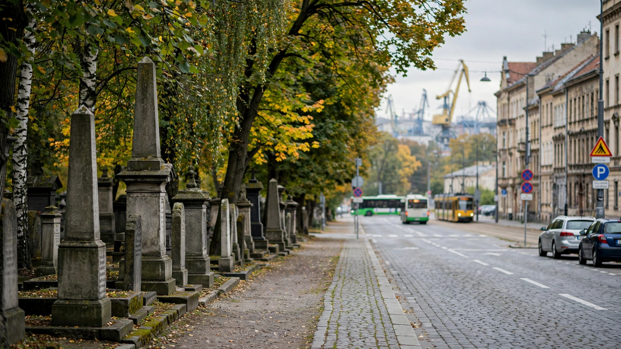 Aleja na Cmentarzu Centralnym w Szczecinie z zabytkowymi nagrobkami i drzewami