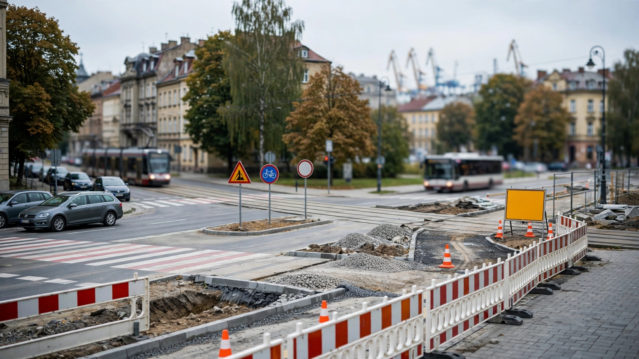 Plac budowy przy skrzyżowaniu ulic w Szczecinie, gdzie powstanie droga rowerowa w ciągu ul. Janickiego