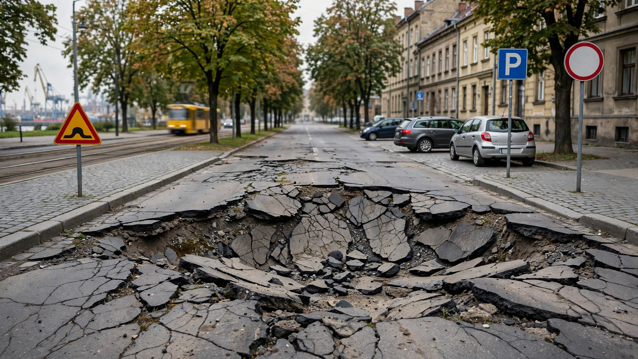Zapadnięta i spękana nawierzchnia jezdni Al. Powstańców Wielkopolskich w Szczecinie