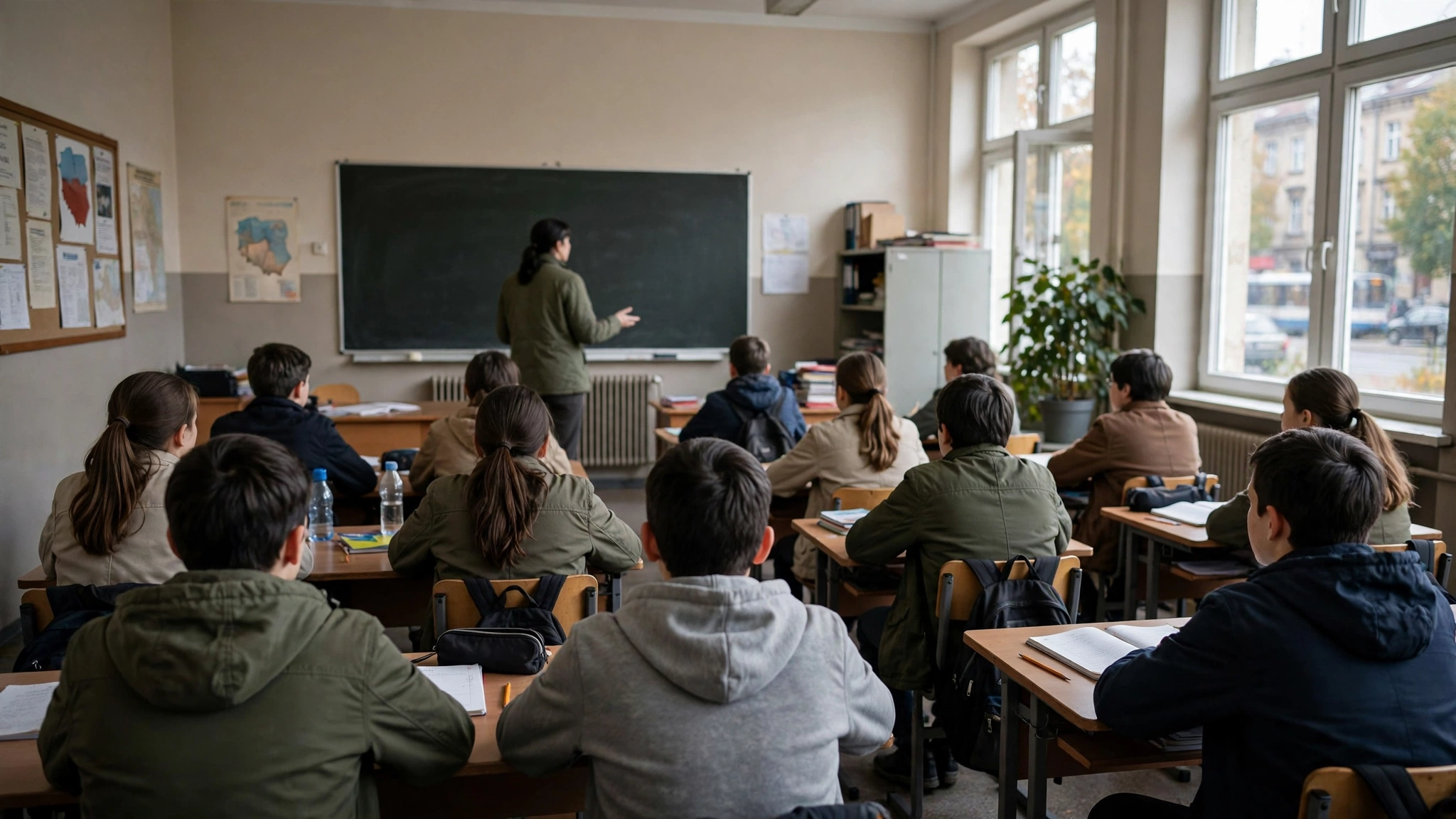Nauczycielka rozmawia z uczniami w szkolnej klasie
