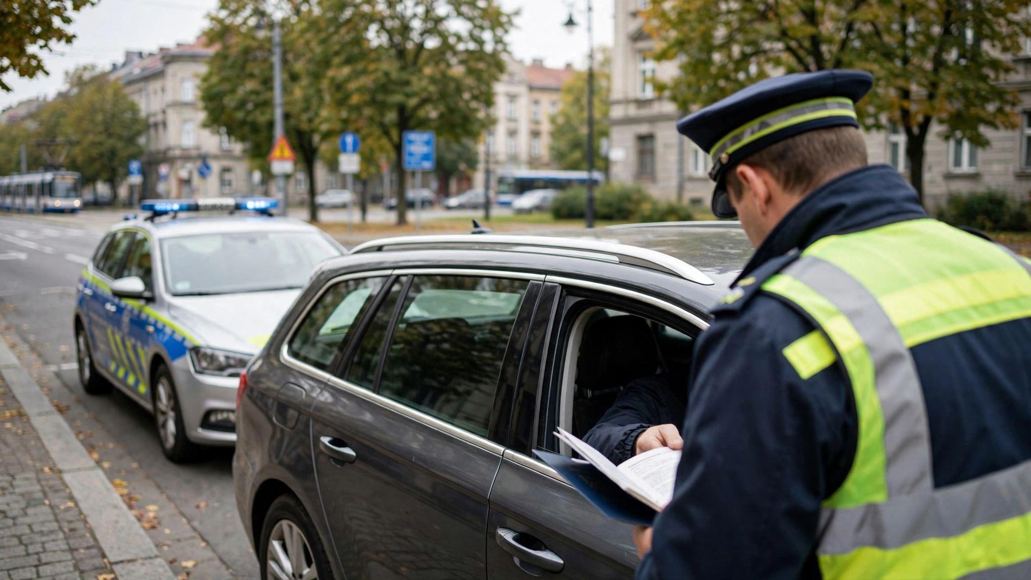 Policjant sprawdza dokumenty kierowcy podczas kontroli drogowej w Szczecinie
