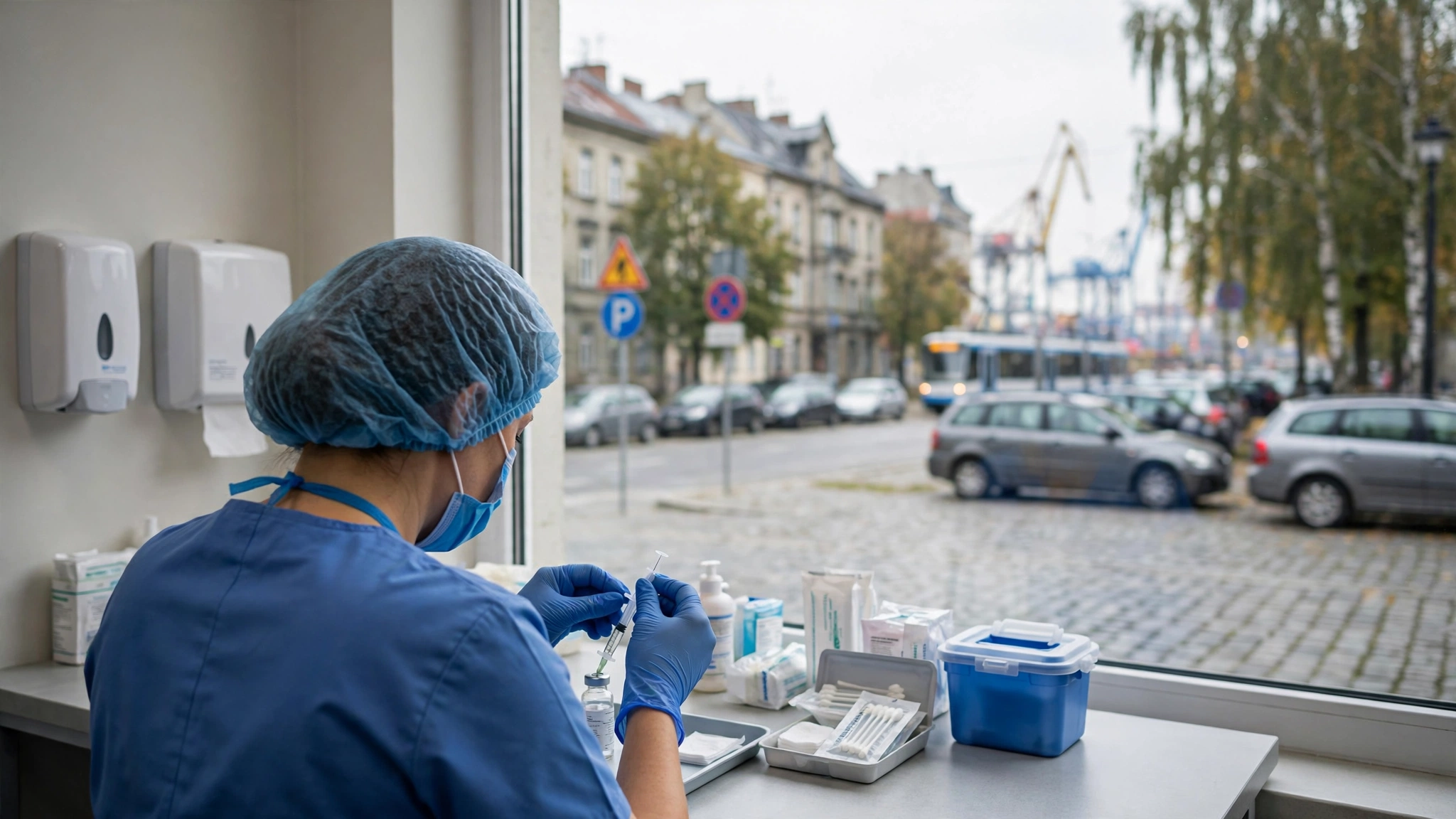 Pielęgniarka przygotowuje szczepionkę w punkcie szczepień w przychodni