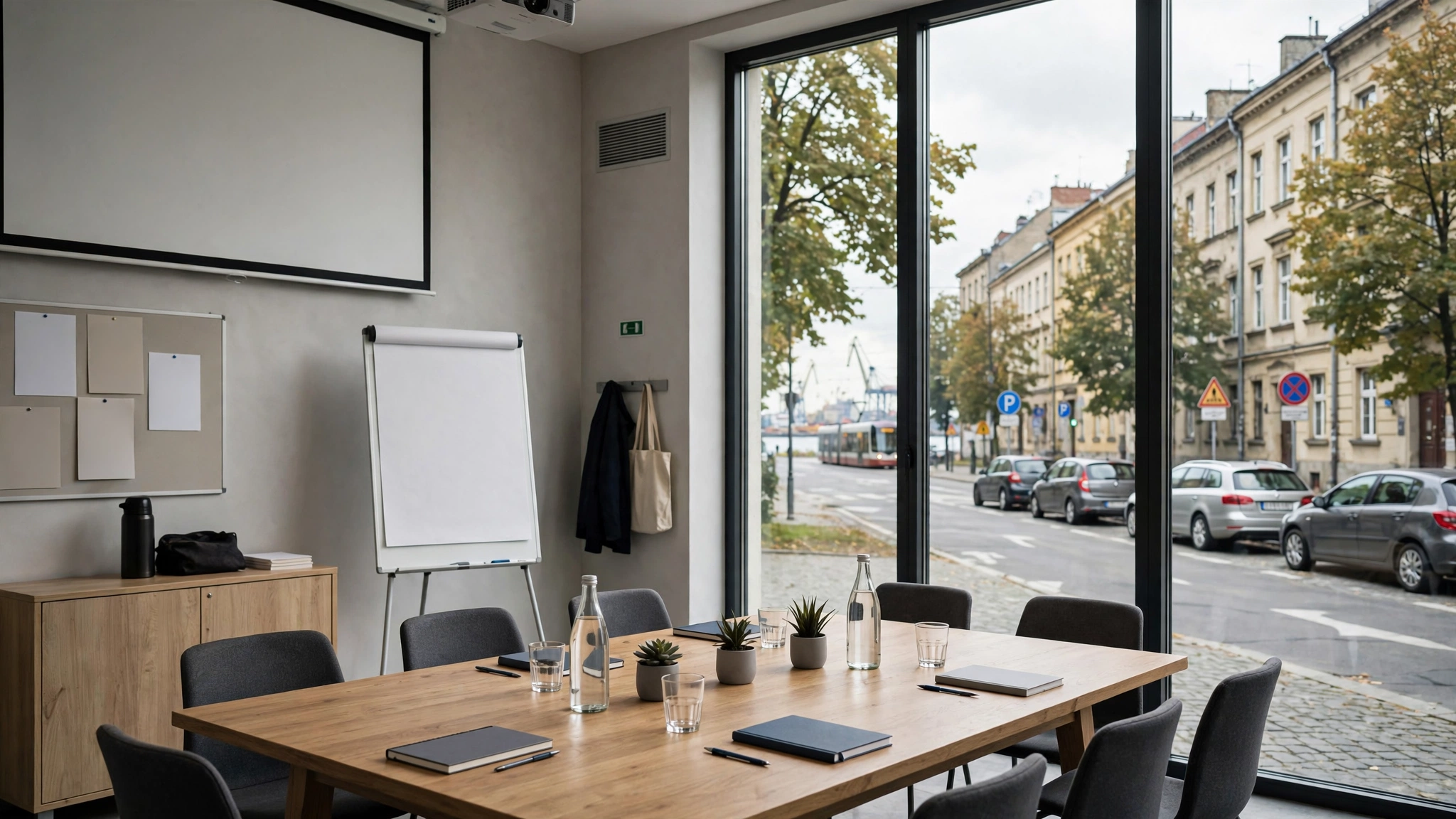 Sala spotkań w Urban Lab Szczecin przygotowana na prelekcję o pozyskiwaniu inwestora