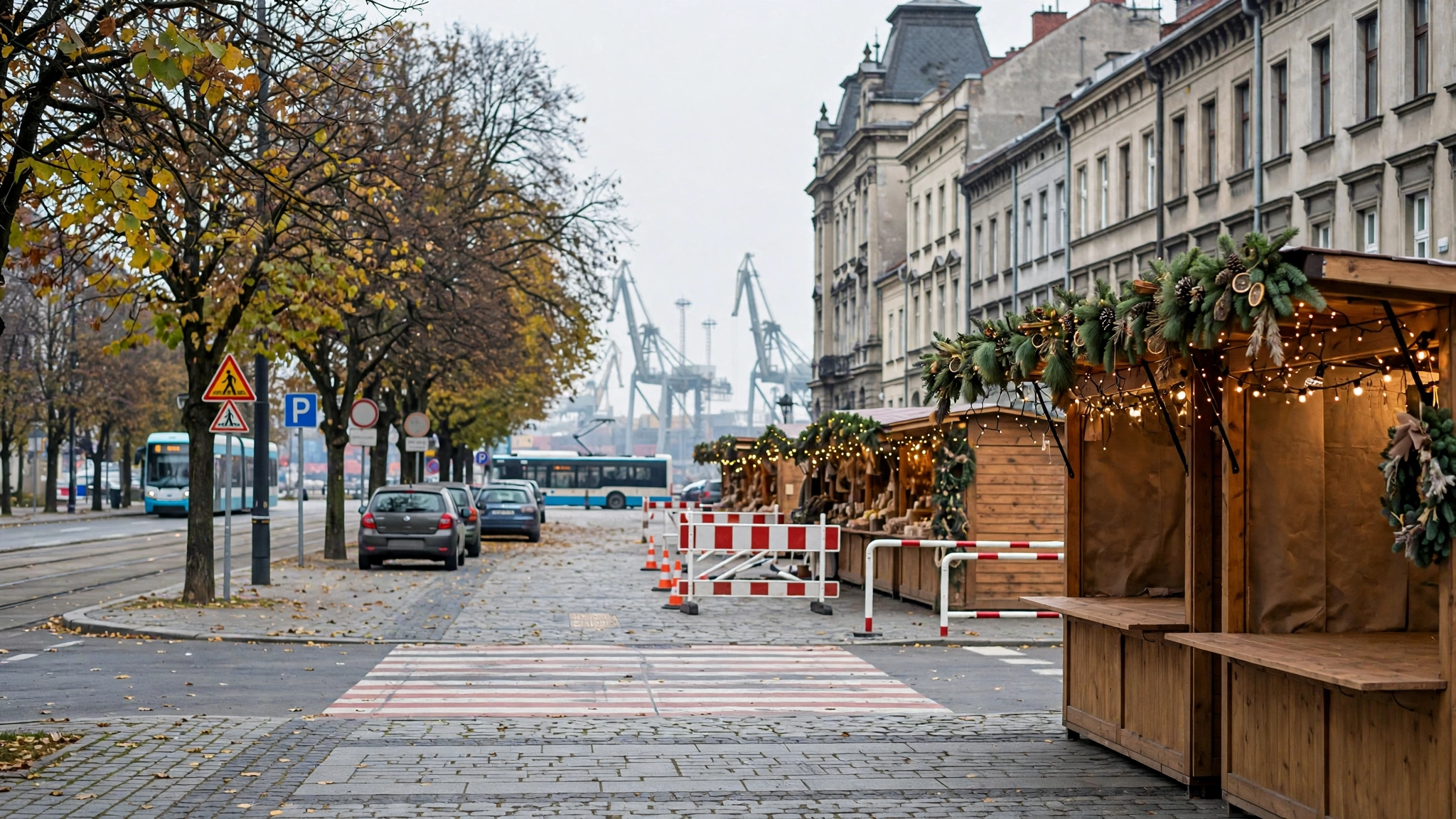 Świątecznie przystrojony deptak przy ulicy Bohaterów Września w Świnoujściu z jarmarkowymi stoiskami
