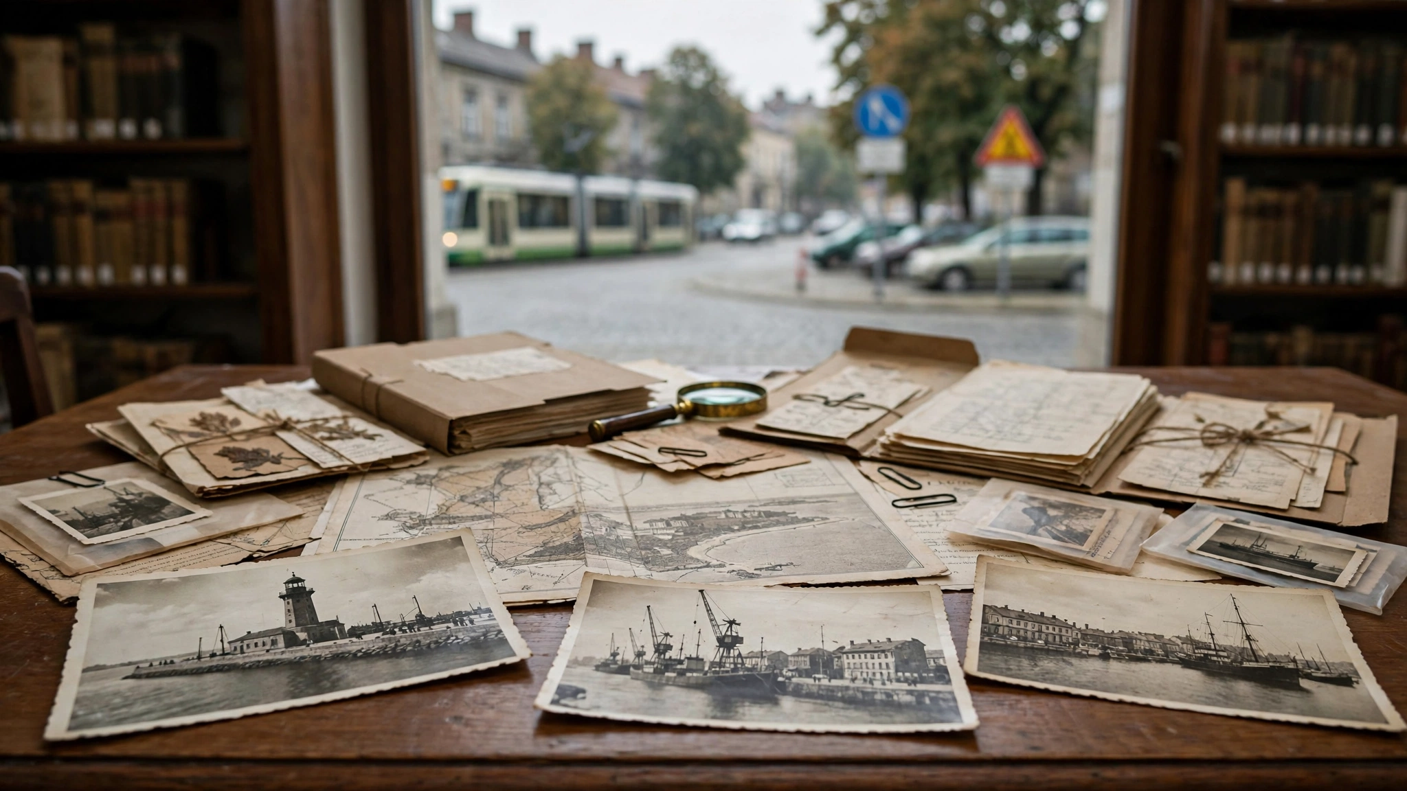Stare zdjęcia i dokumenty archiwalne dotyczące historii Świnoujścia rozłożone na stole w bibliotece