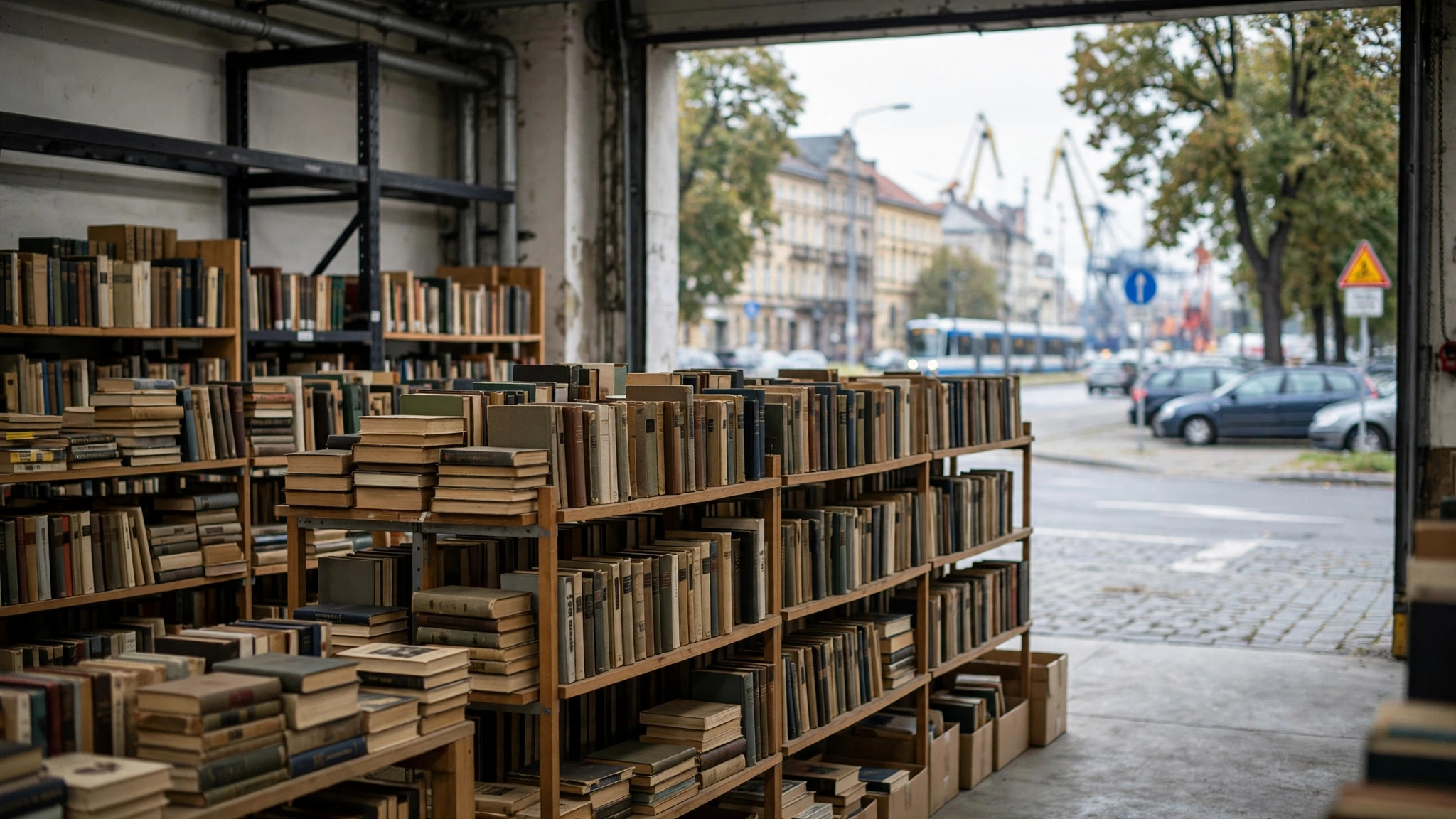 Regały z używanymi książkami ustawione na kiermaszu w magazynie biblioteki