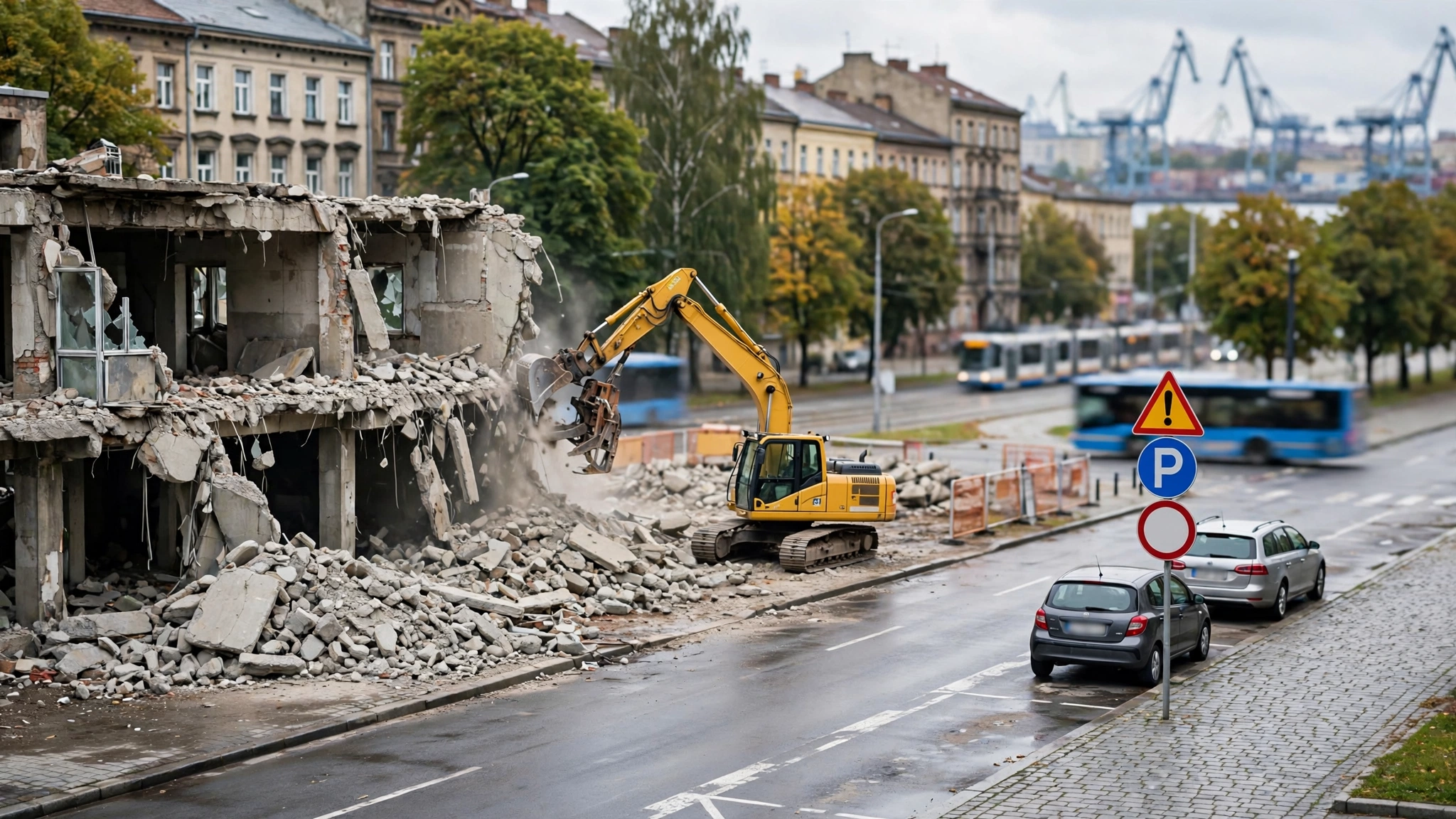 Koparka podczas rozbiórki starego terminala przylotów na lotnisku Szczecin-Goleniów