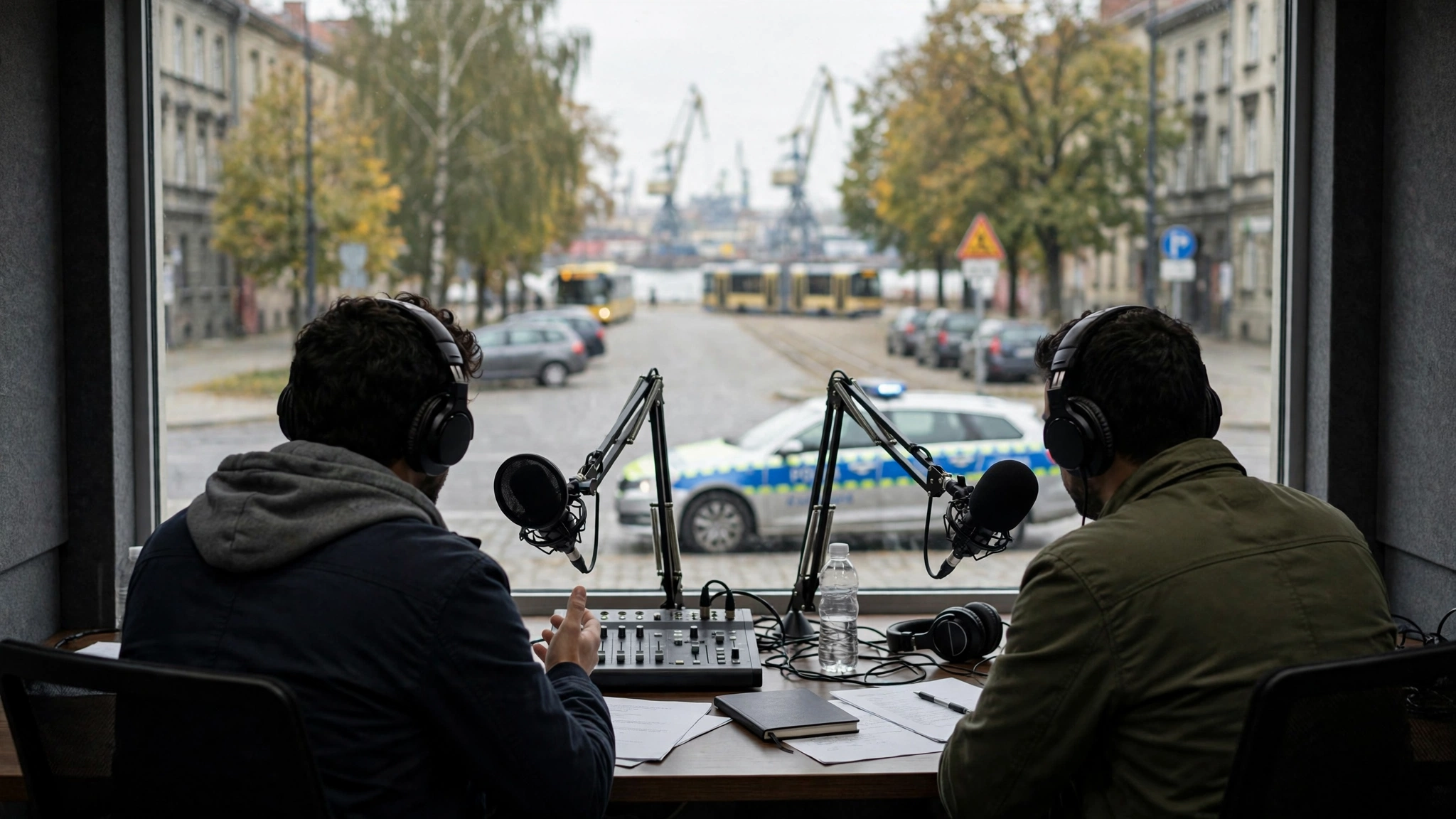 Studio radiowe, mikrofon i dwaj mężczyźni rozmawiający o wyborach parlamentarnych