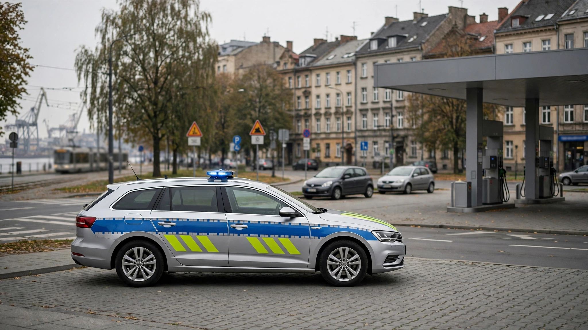 Policyjny radiowóz przed stacją paliw w Szczecinie