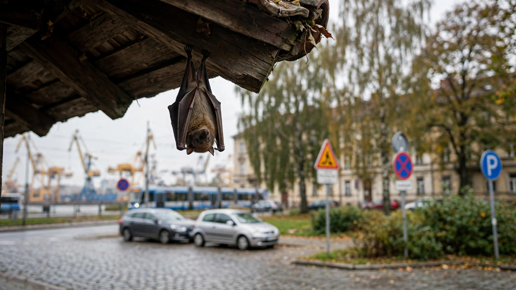 Nietoperz siedzący pod okapem dachu domu jednorodzinnego