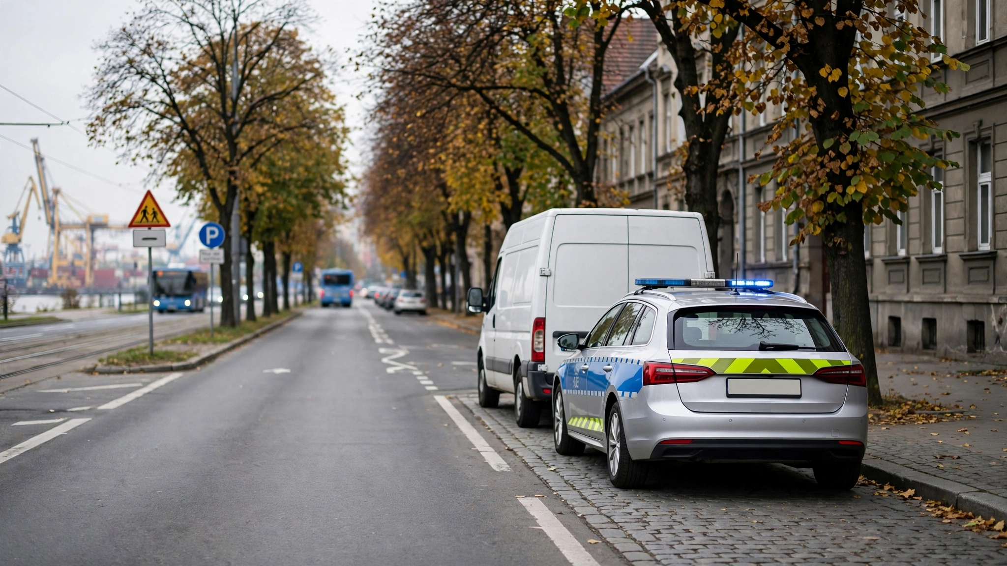 Radiowóz policji na drodze w gminie Sianów podczas kontroli kierowcy busa
