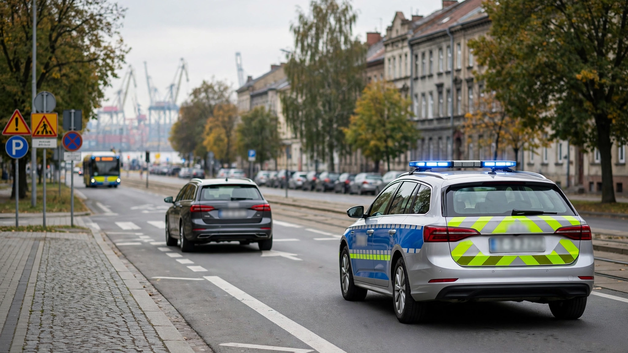 Radiowóz policyjny na kontroli drogowej w Nowogardzie