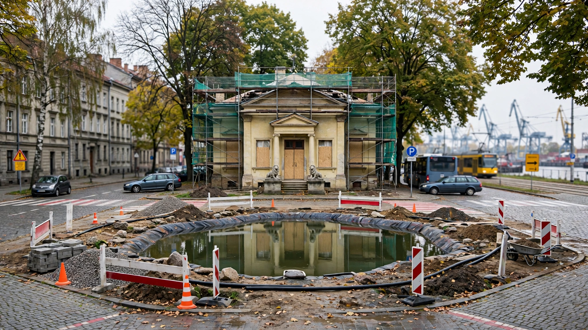 Zabytkowy Pałacyk pod Lwami w Gryfinie w trakcie remontu, w otoczeniu odtwarzanego oczka wodnego