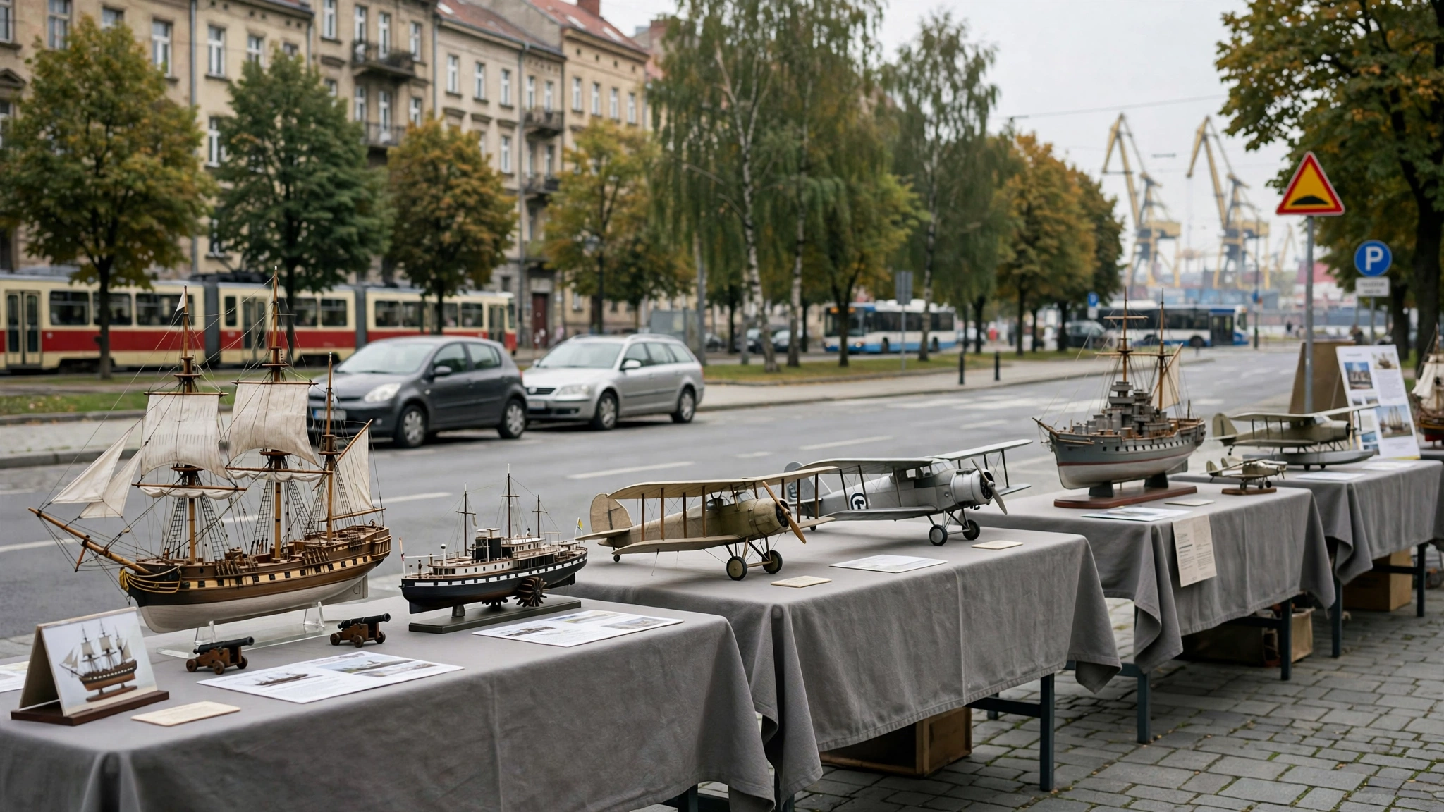 Stoły z historycznymi modelami okrętów i samolotów podczas festiwalu modelarskiego w Technoparku Pomerania w Szczecinie