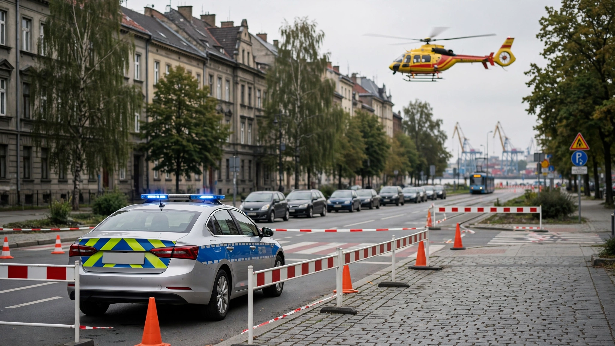 Radiowóz policji i śmigłowiec LPR na miejscu potrącenia dziecka na ulicy w Bielsku-Białej