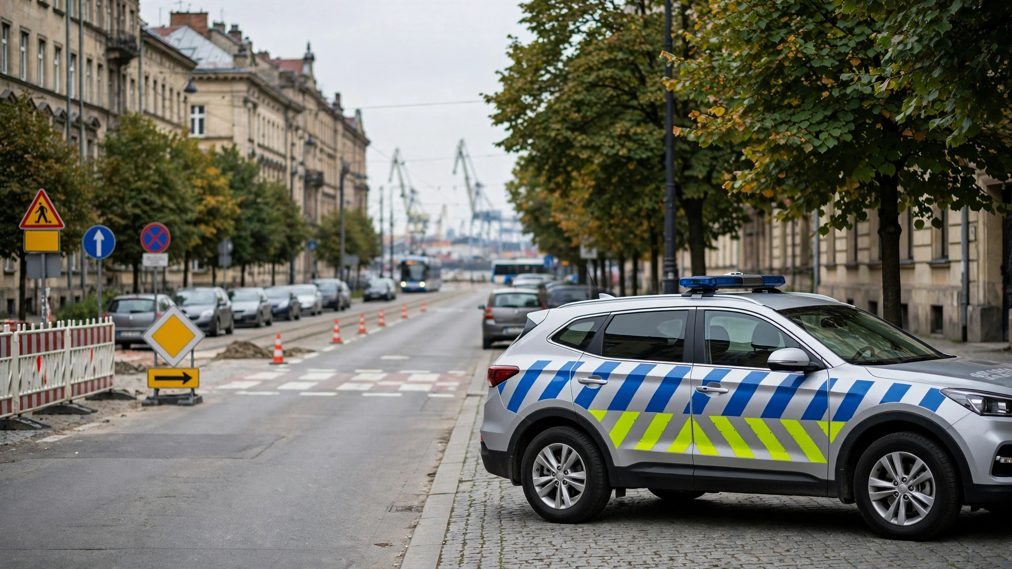 Radiowóz Straży Miejskiej zaparkowany na ulicy w centrum Szczecina
