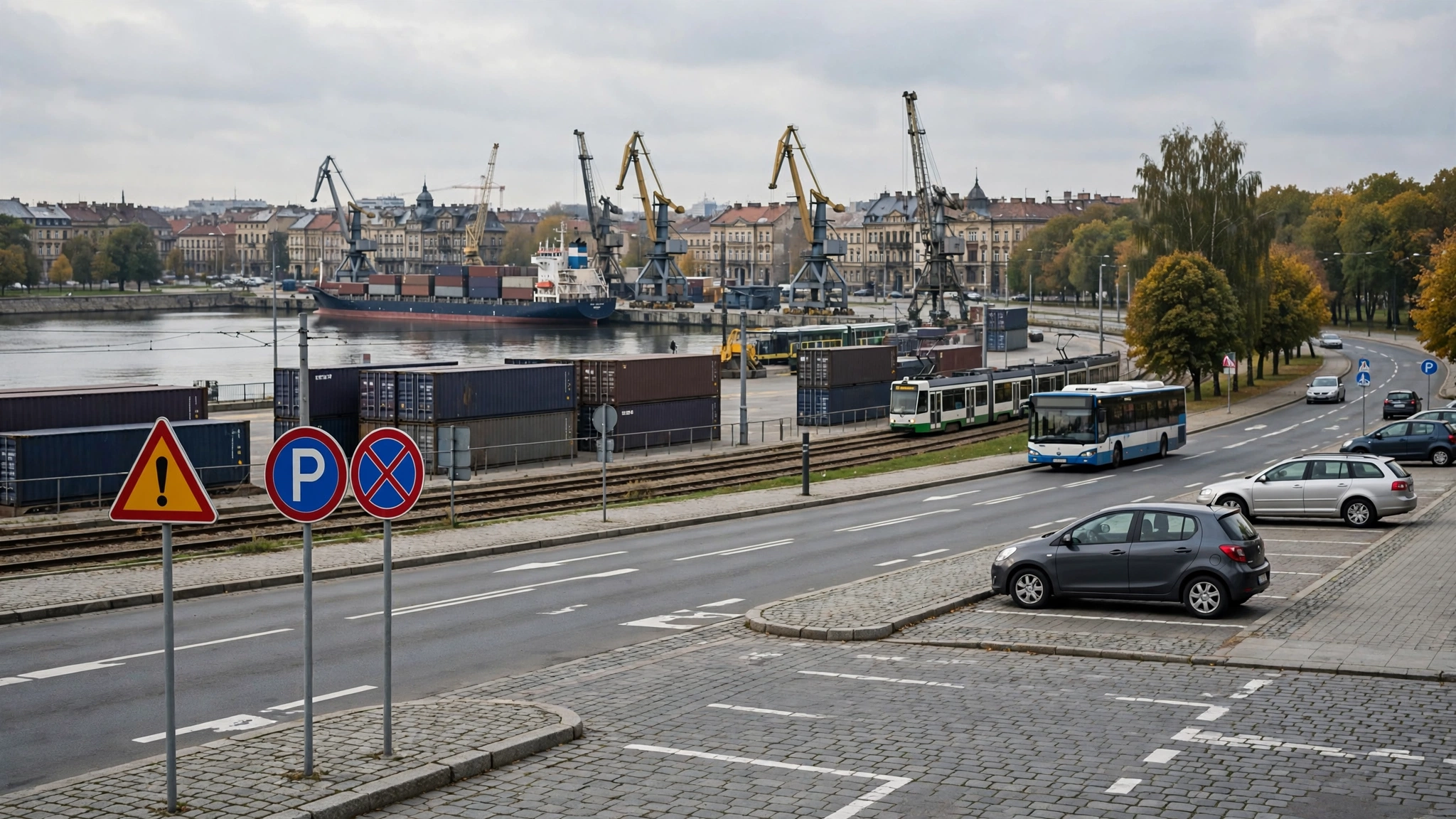 Nabrzeże portowe w Szczecinie z kontenerami i statkiem