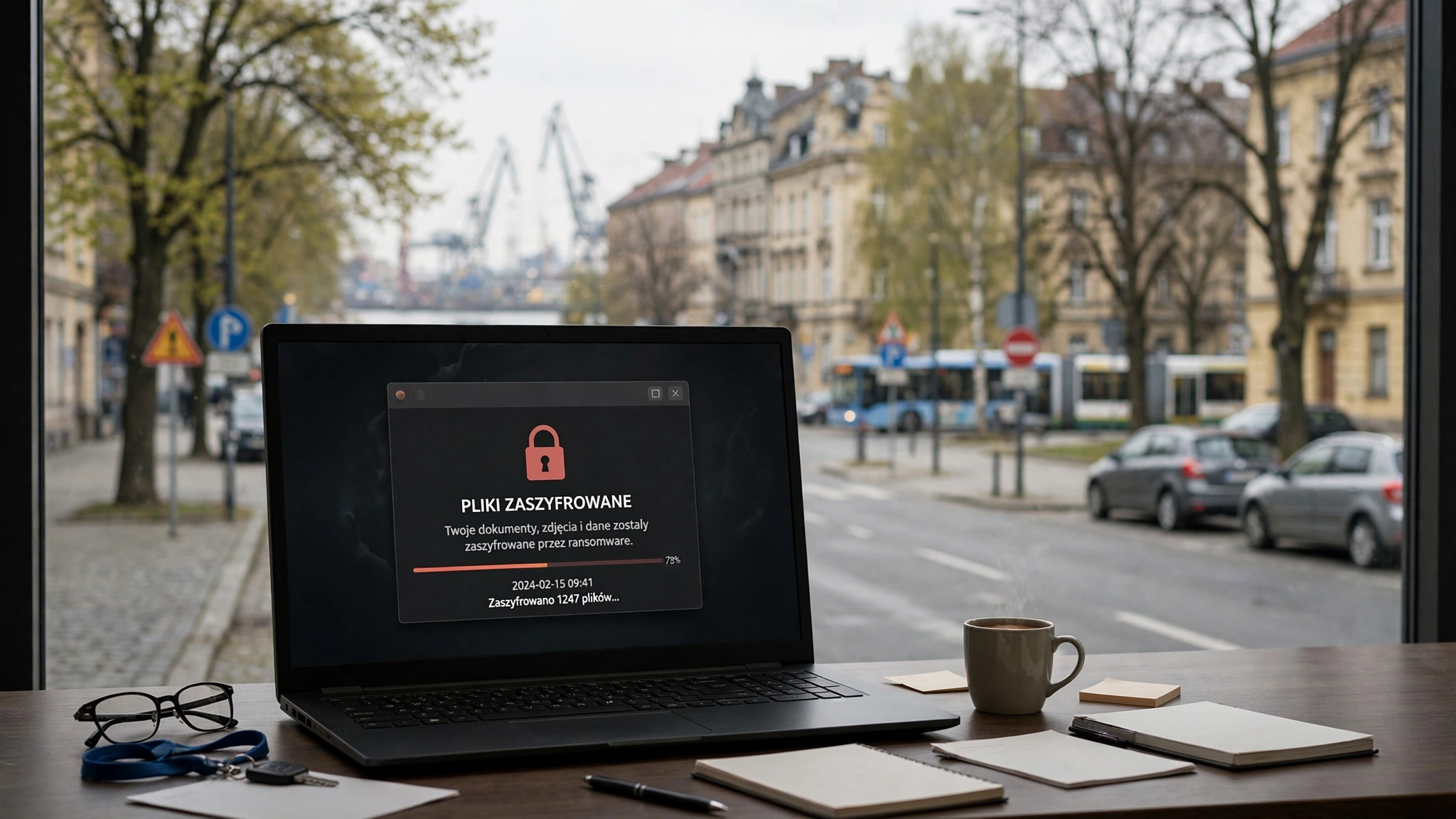 Ekran komputera z komunikatem o zaszyfrowaniu plików przez ransomware