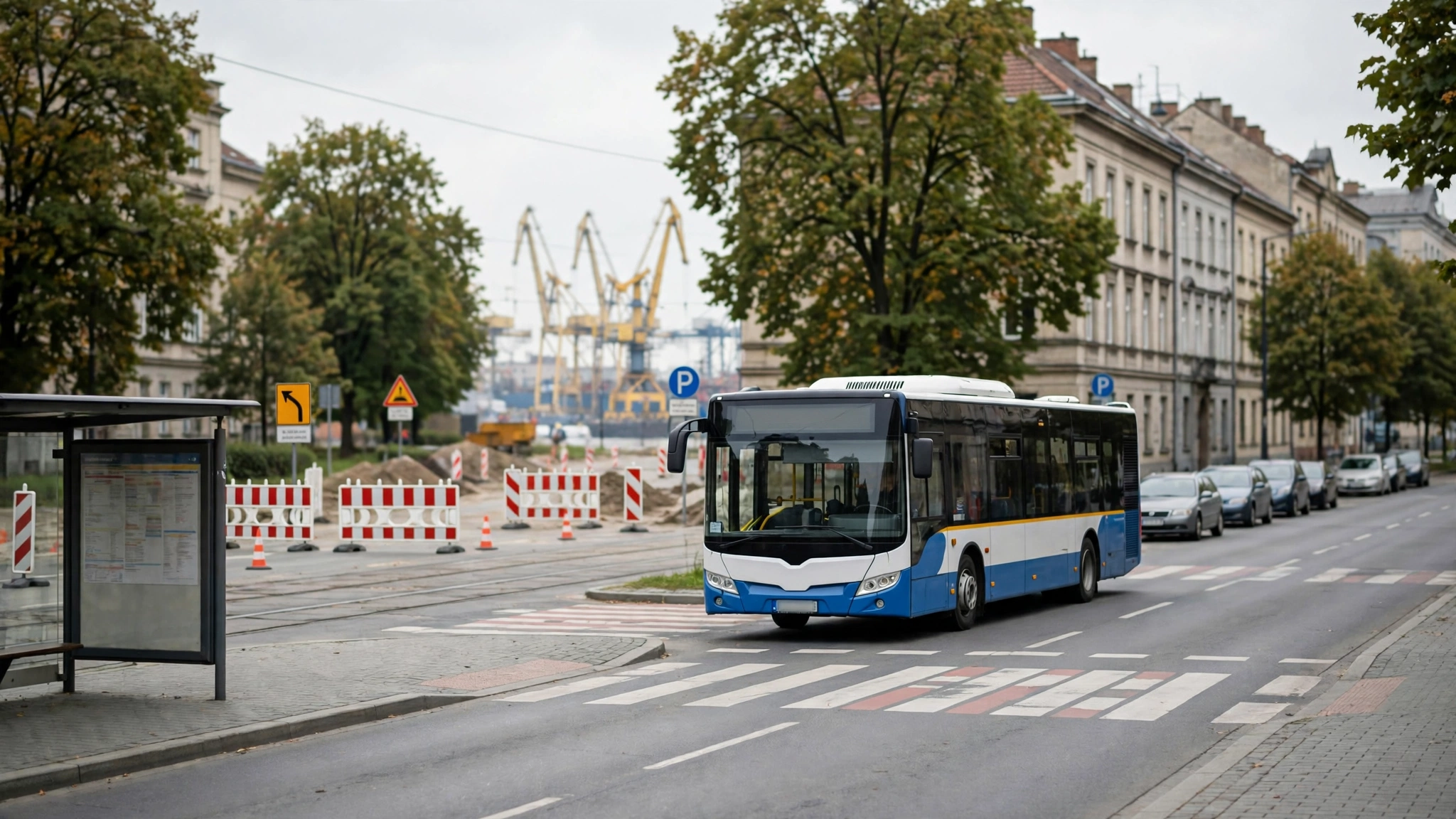 Autobus miejski na ulicy w Szczecinie, w tle znak objazdu z powodu prac remontowych