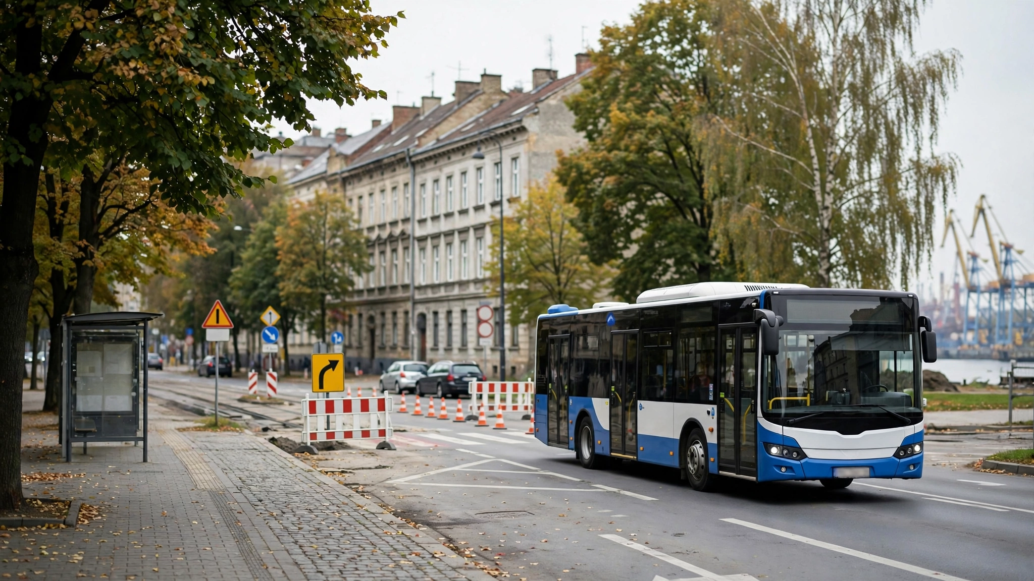 Autobus miejski na objazdowej trasie w Szczecinie, w tle ulica z oznakowaniem robót