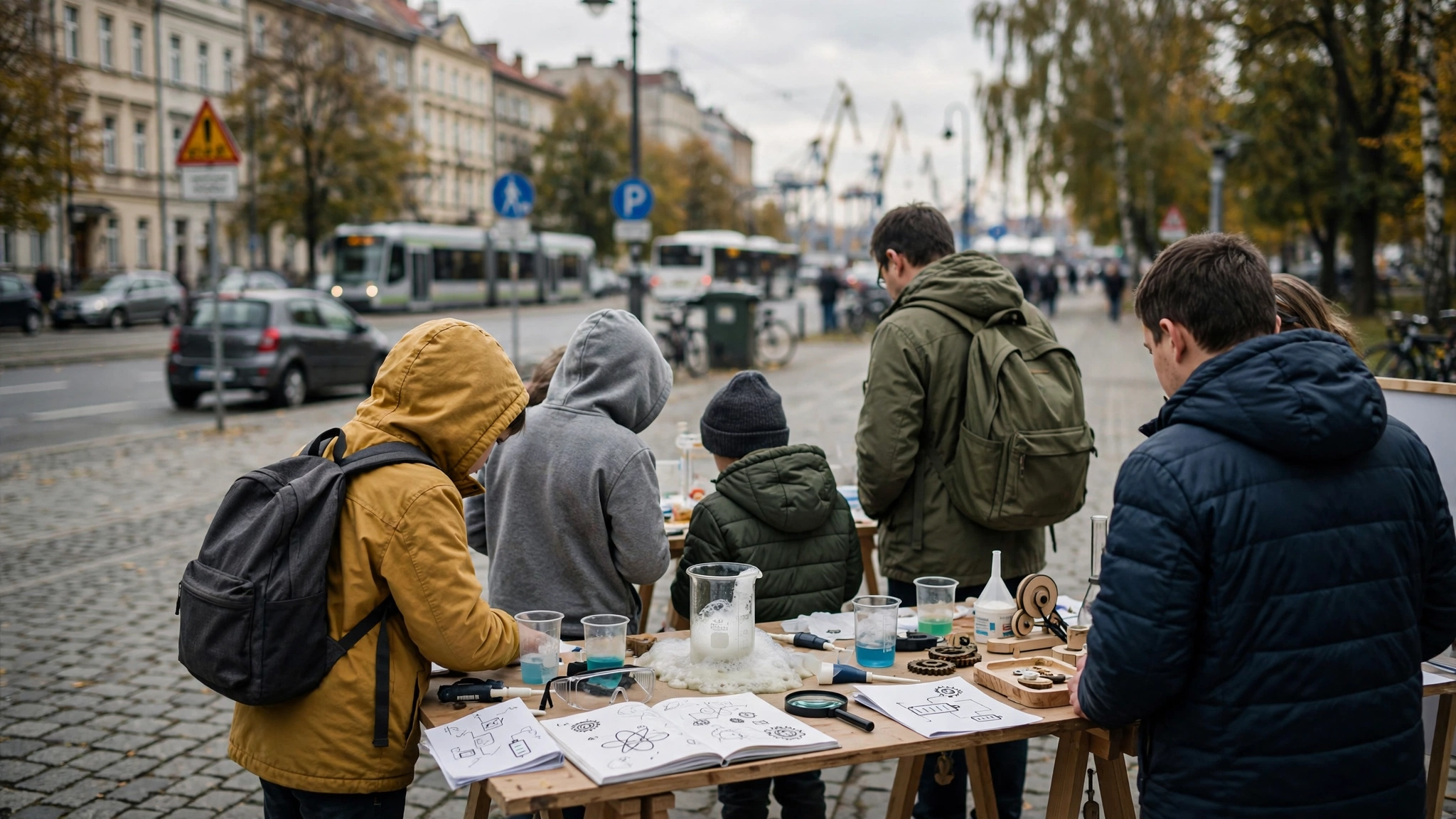 Dzieci i rodzice oglądają eksperymenty naukowe na stoisku podczas Rodzinnego Zlotu Naukowców w Edukatorium w Szczecinie