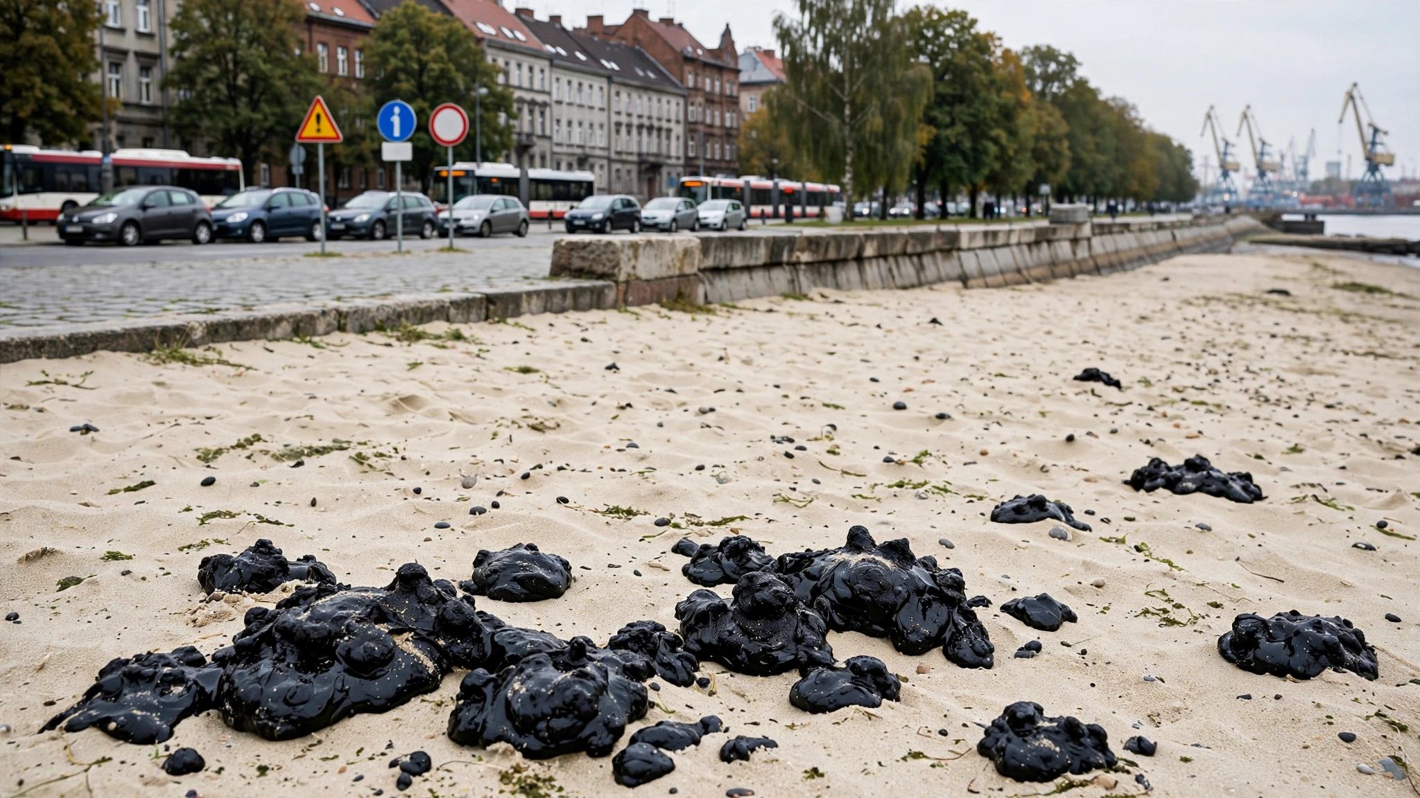 Czarne, lepkie grudki substancji ropopochodnej leżące na piasku plaży nad Bałtykiem