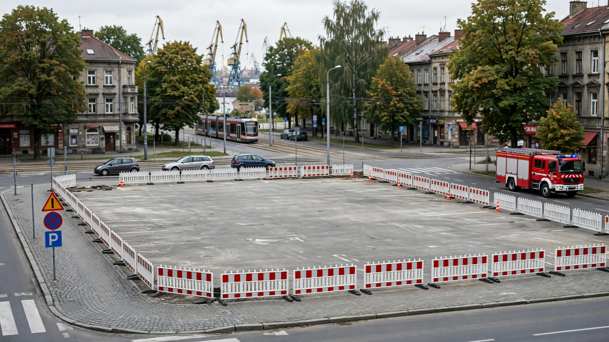Pusty betonowy plac na skrzyżowaniu ulic w szczecińskim Świerczewie, przeznaczony pod bazę straży pożarnej