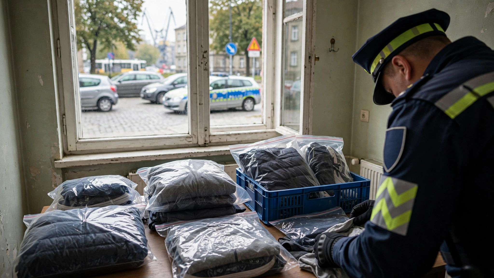 Policjant podczas przeszukania mieszkania, w tle zabezpieczona odzież z metkami znanych marek