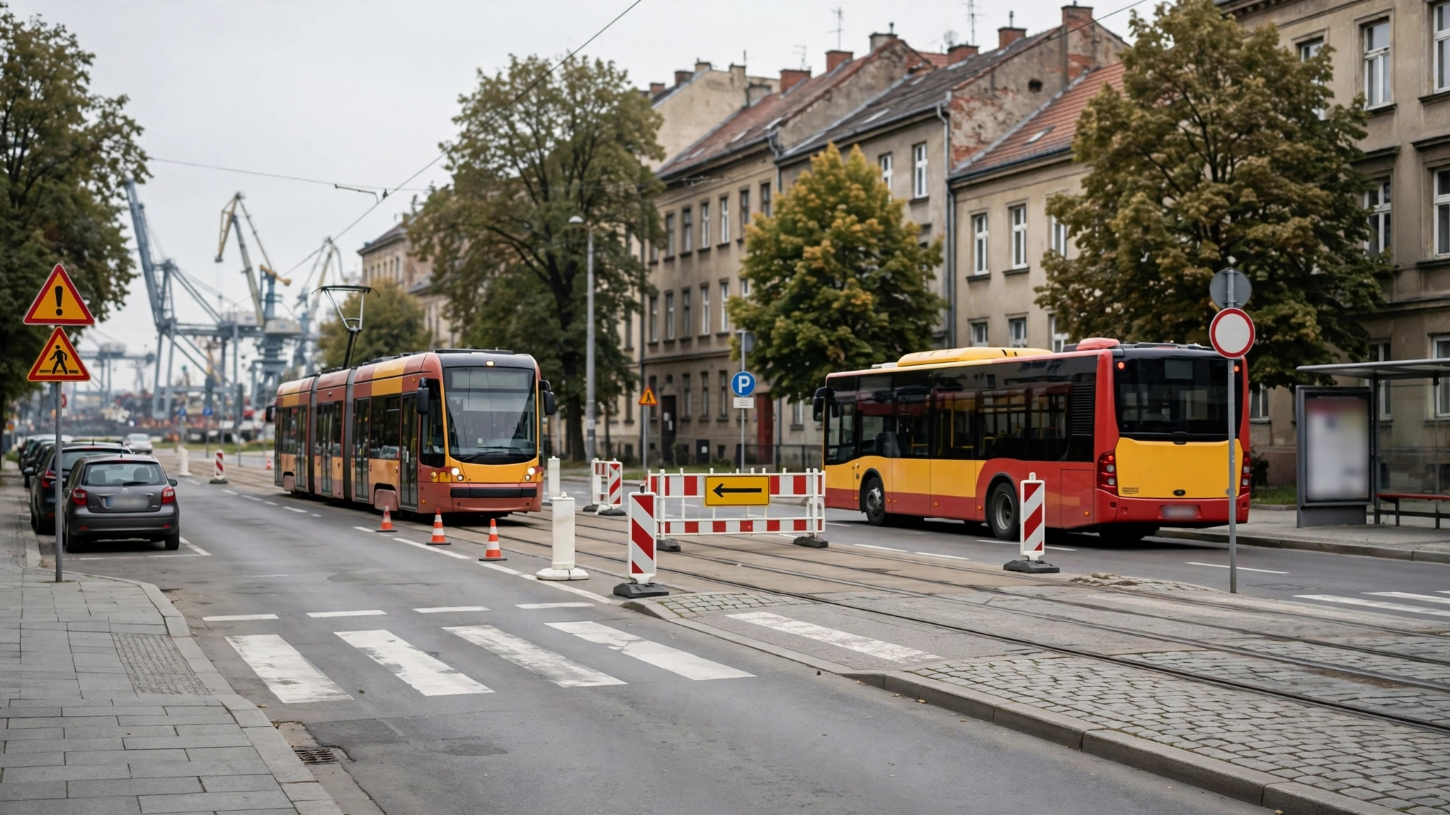 Autobus i tramwaj miejski na ulicy w Szczecinie
