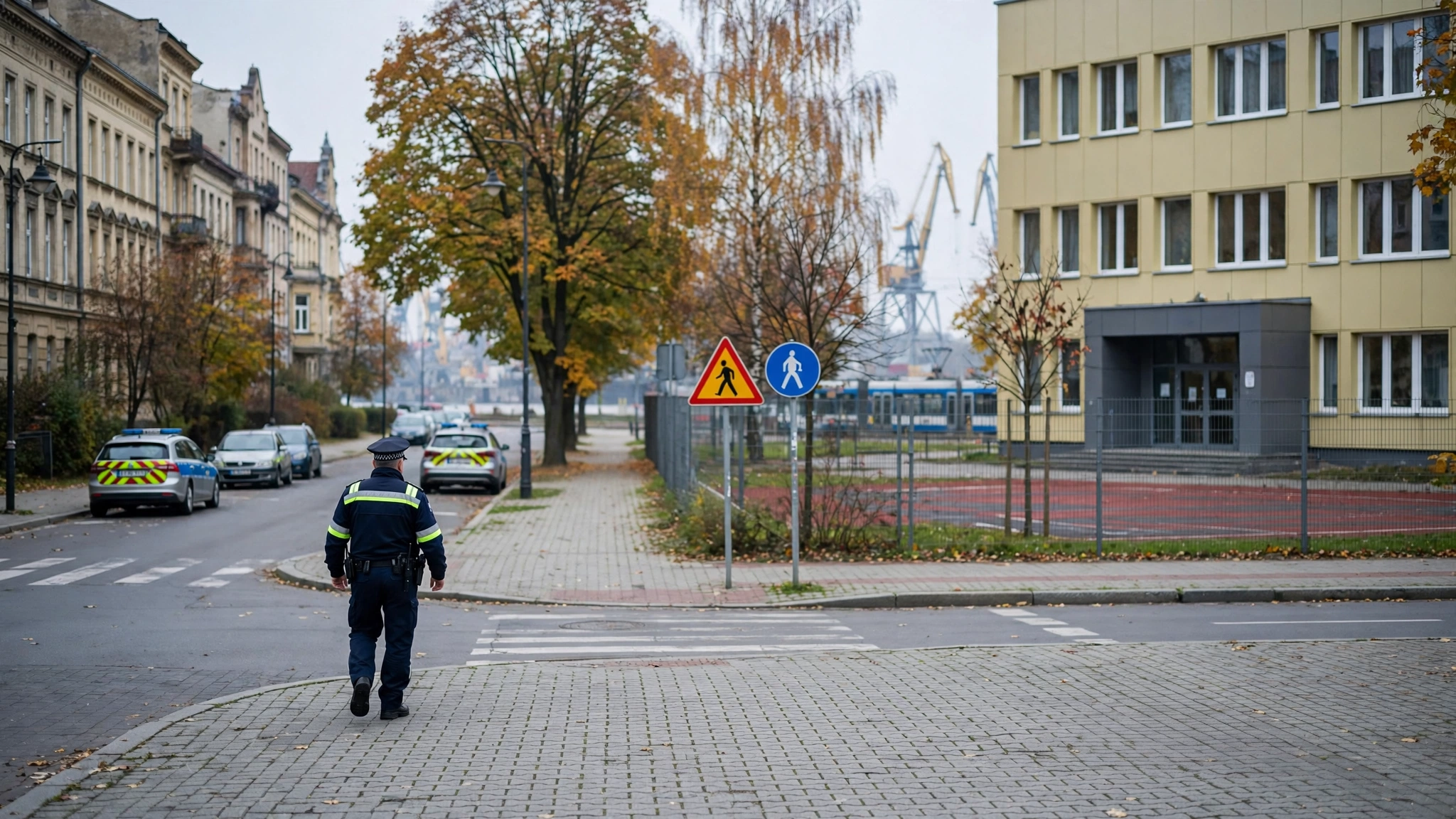 Policjant patrolujący okolice szkoły w Szczecinie