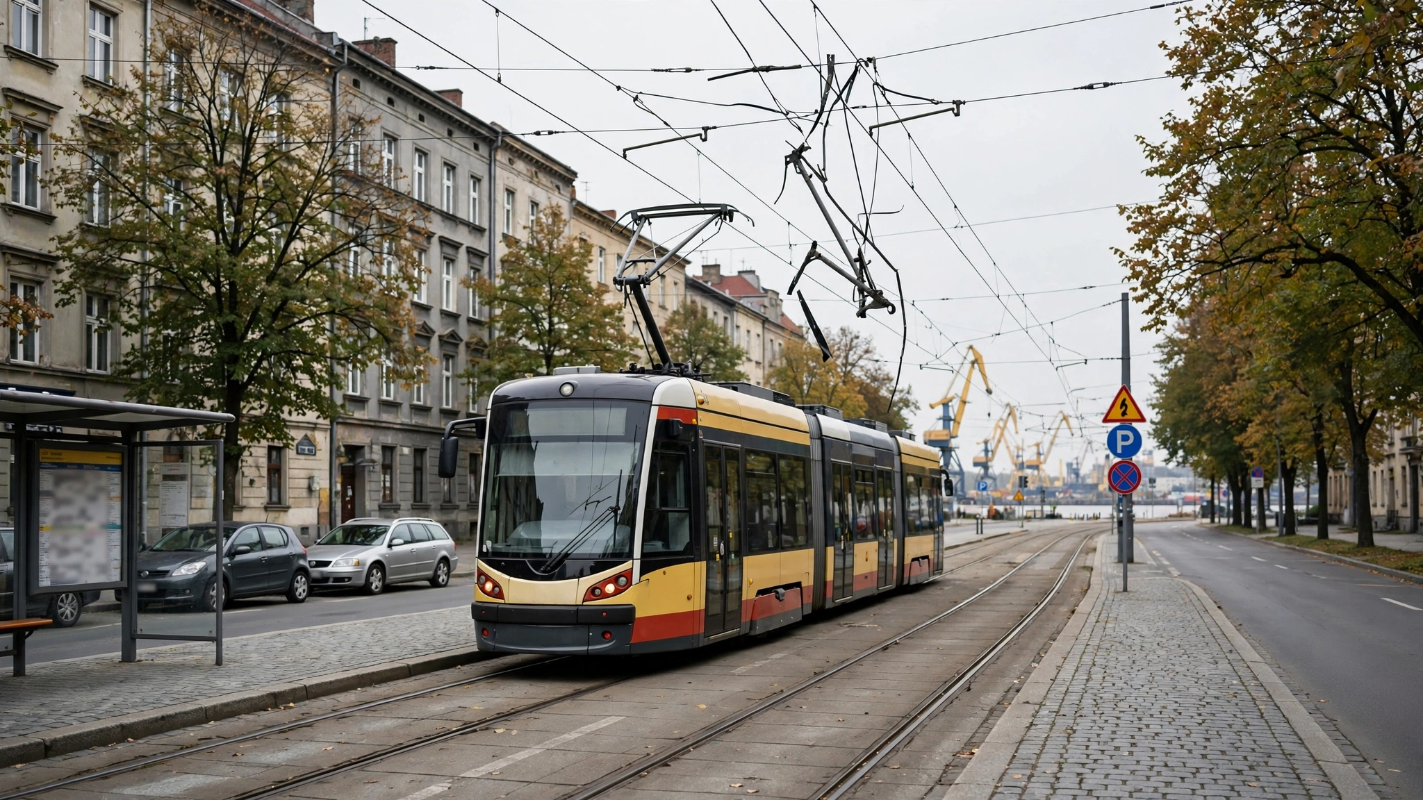 Tramwaj na trasie w Szczecinie z zerwanym pantografem na przewodach trakcyjnych