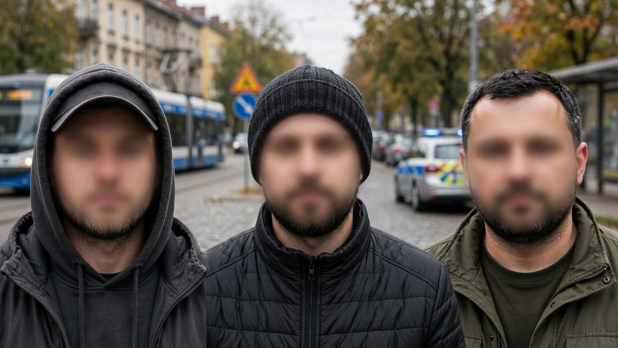Wizerunki trzech mężczyzn podejrzanych o zdewastowanie tramwaju w Szczecinie, opublikowane przez policję