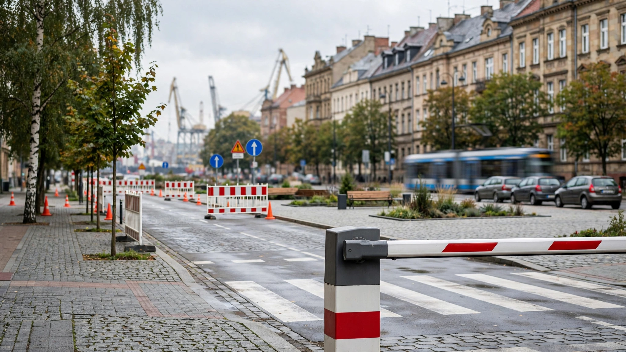 Szlaban wjazdowy przy ulicy Niemierzyńskiej w Szczecinie na tle wyremontowanego placu