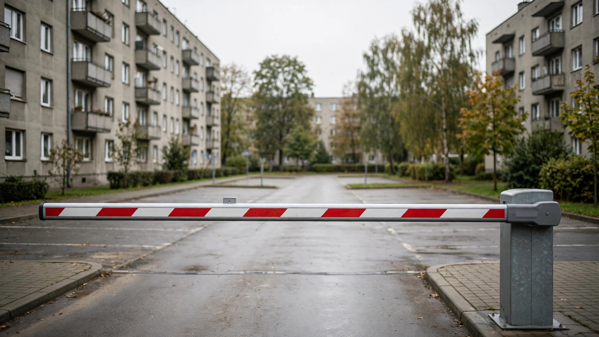 Szlaban na drodze dojazdowej do utwardzonego placu parkingowego między blokami przy ulicy Niemierzyńskiej na szczecińskim Niebuszewiu
