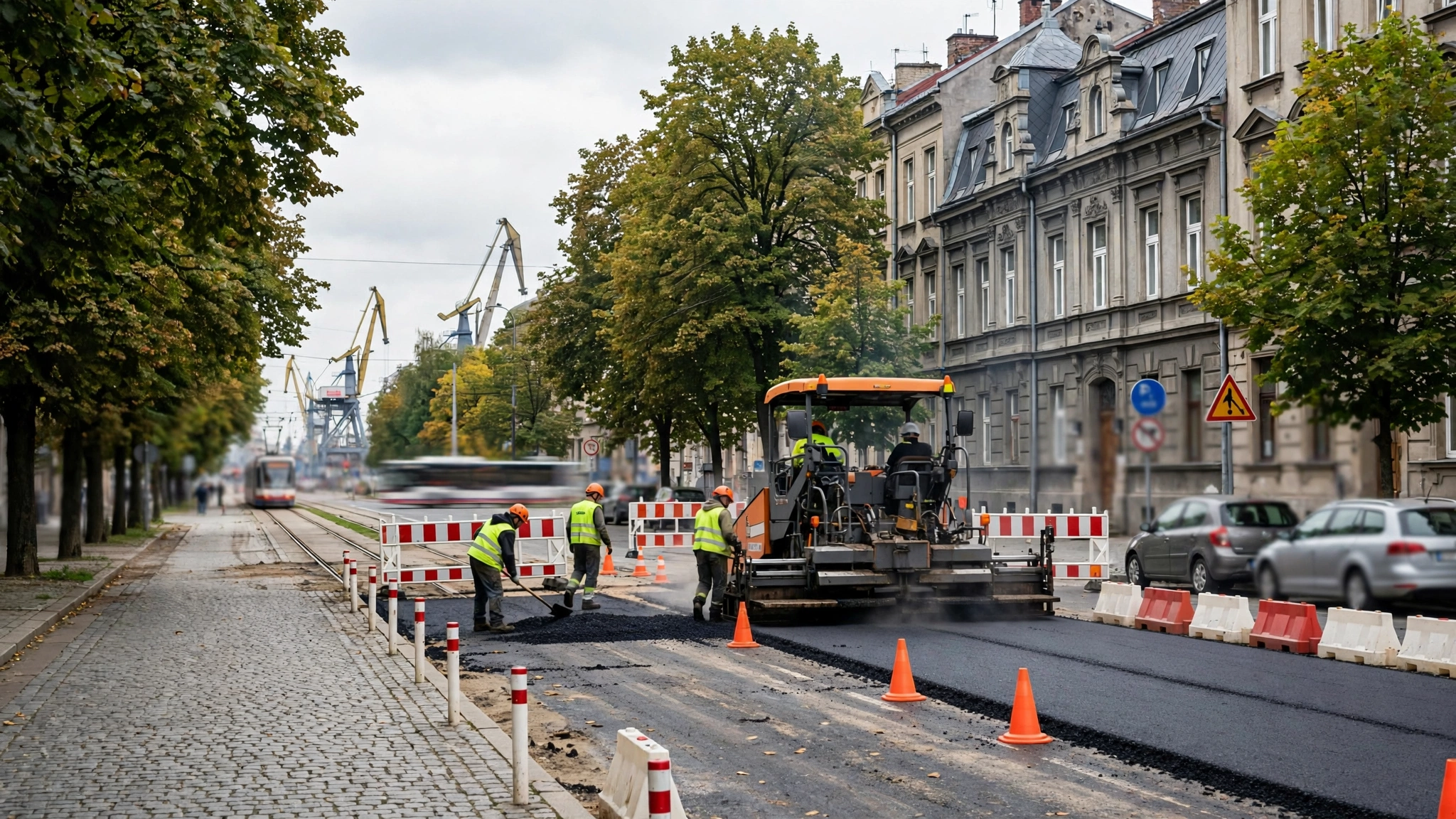 Robotnicy układają nową warstwę asfaltu na Trasie Zamkowej w Szczecinie