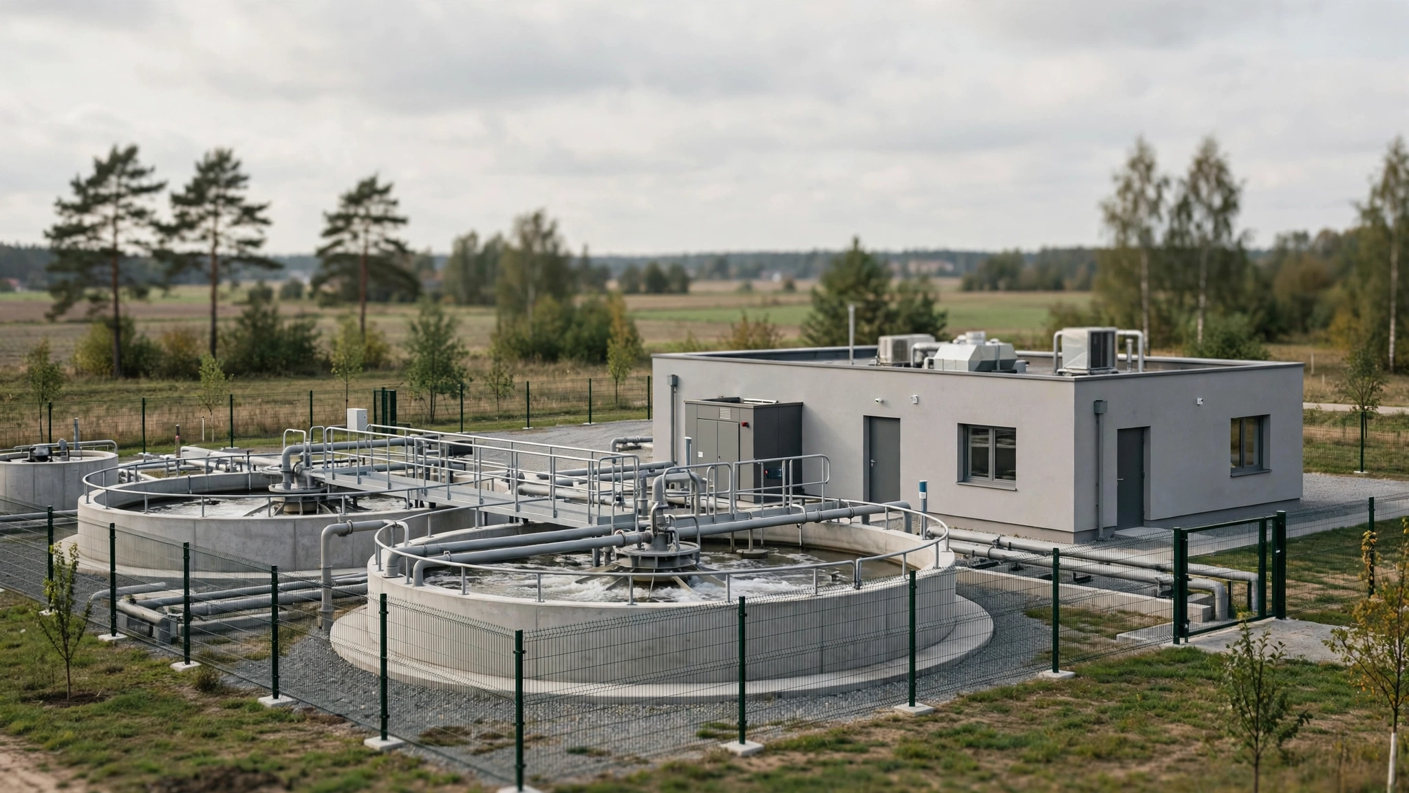 Nowa oczyszczalnia ścieków w Tymieniu w gminie Będzino widziana z zewnątrz