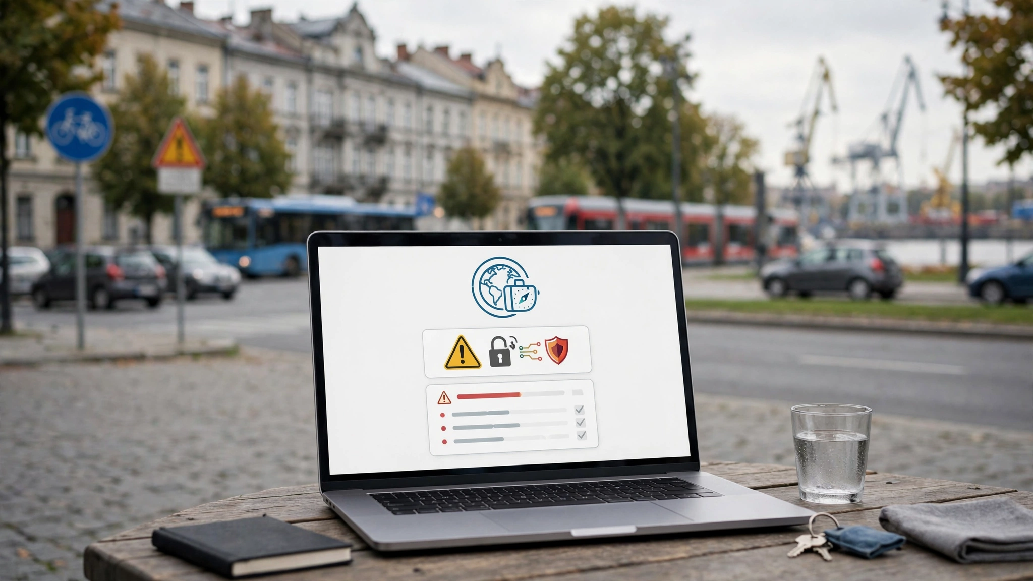 Ekran laptopa z logo serwisu turystycznego i komunikatem o ataku hakerskim