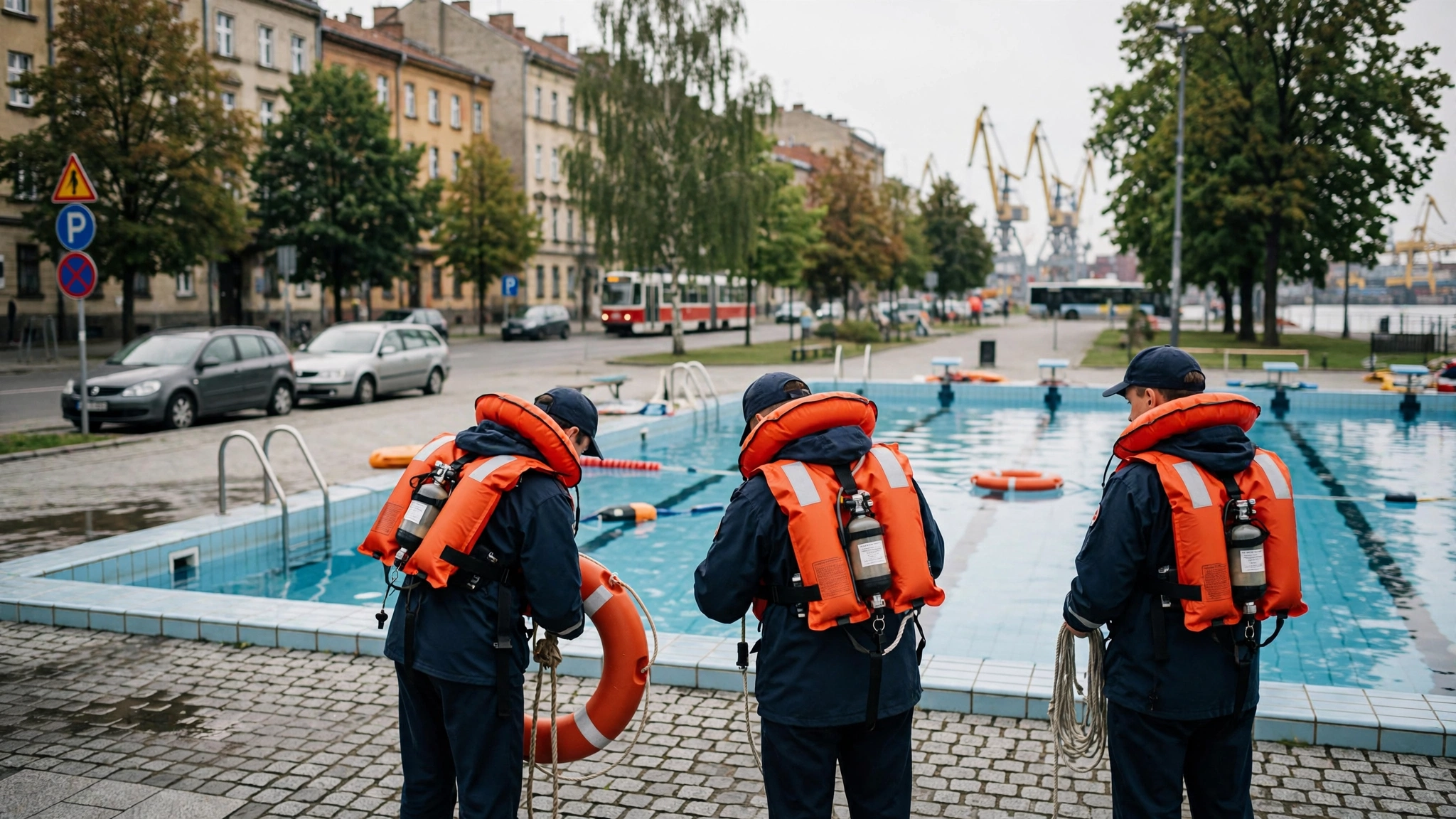 Żeglarze podczas warsztatów ratunkowych na basenie w kamizelkach pneumatycznych