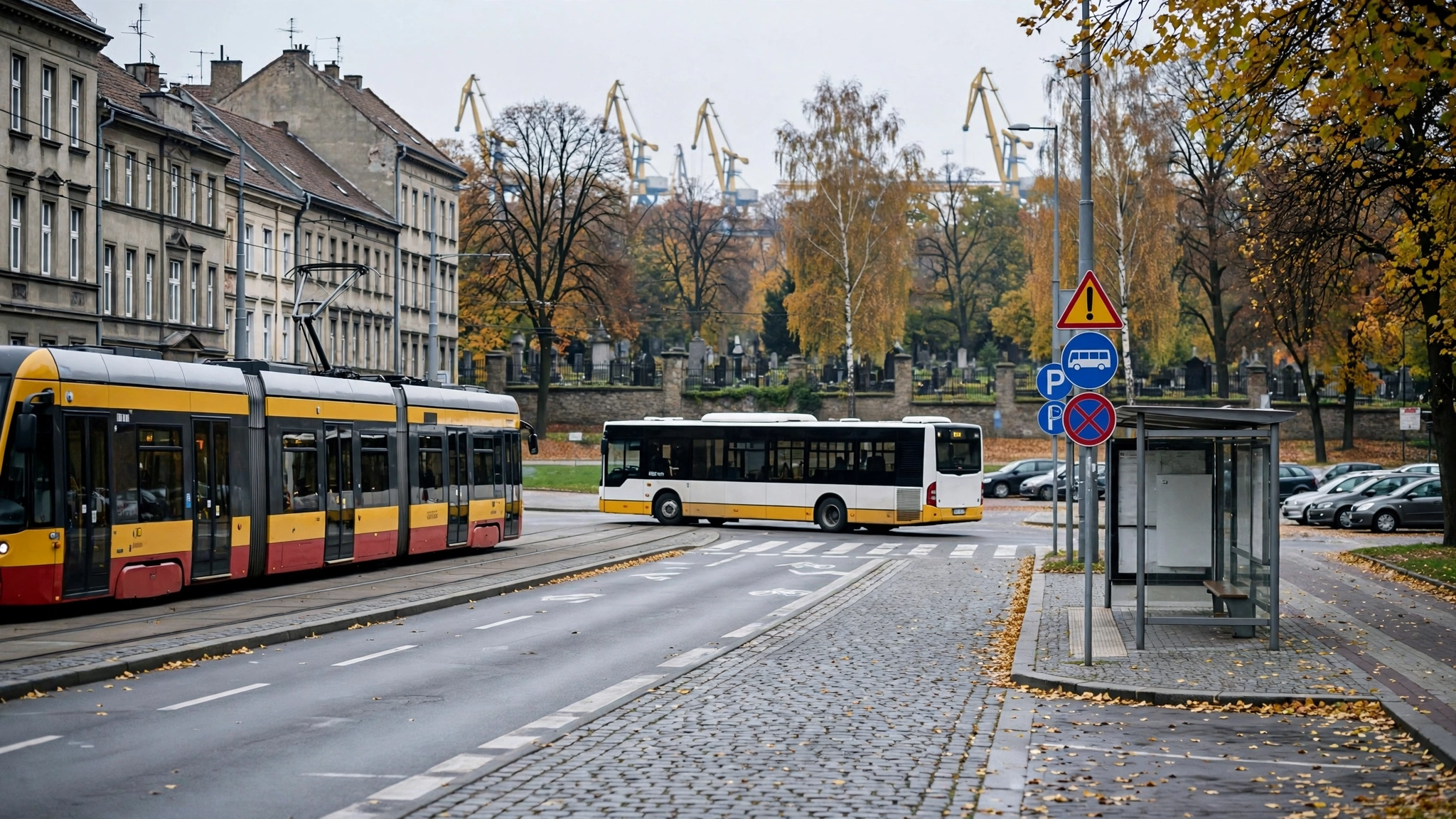 Tramwaj i autobus komunikacji miejskiej przy Cmentarzu Centralnym w Szczecinie w okresie Wszystkich Świętych