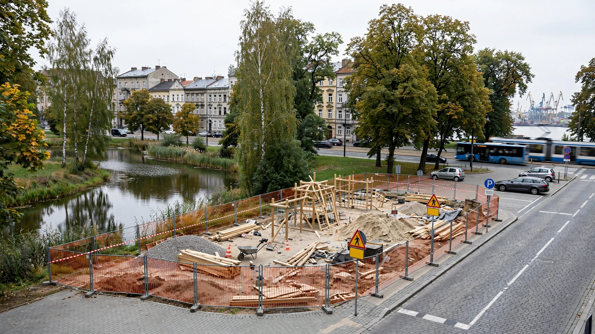 Polana przy Wysokim Stawie w Szczecinie z budowanym placem zabaw i wygrodzonym terenem